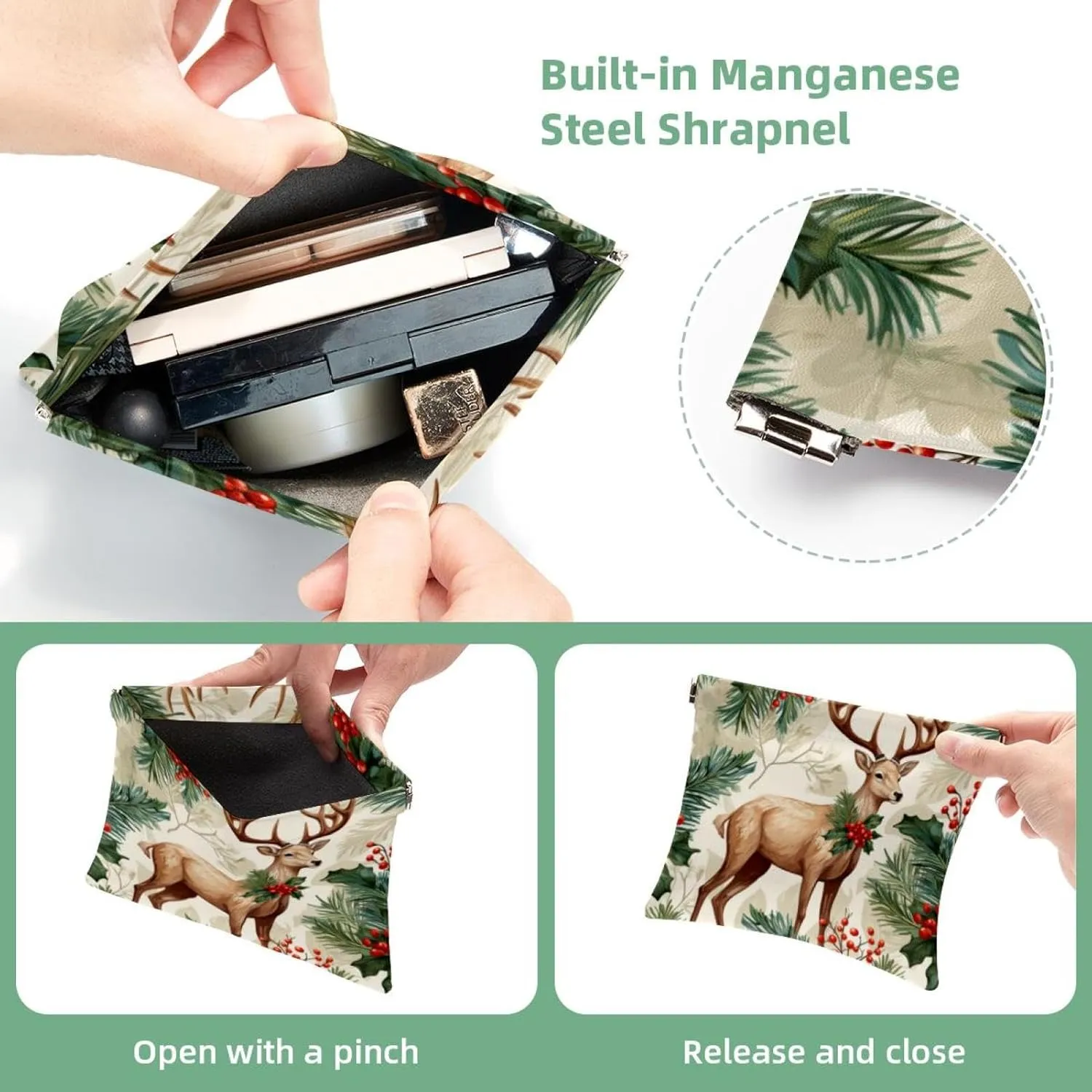 Cute Christmas Elk-1856 Pocket Cosmetic Bag, Waterproof Squeeze Makeup Bag No Zipper Self-Closing, Portable Mini Travel Storage for Headphones Jewelry, 7.1x5.8 inch/4.7x4.5 inch