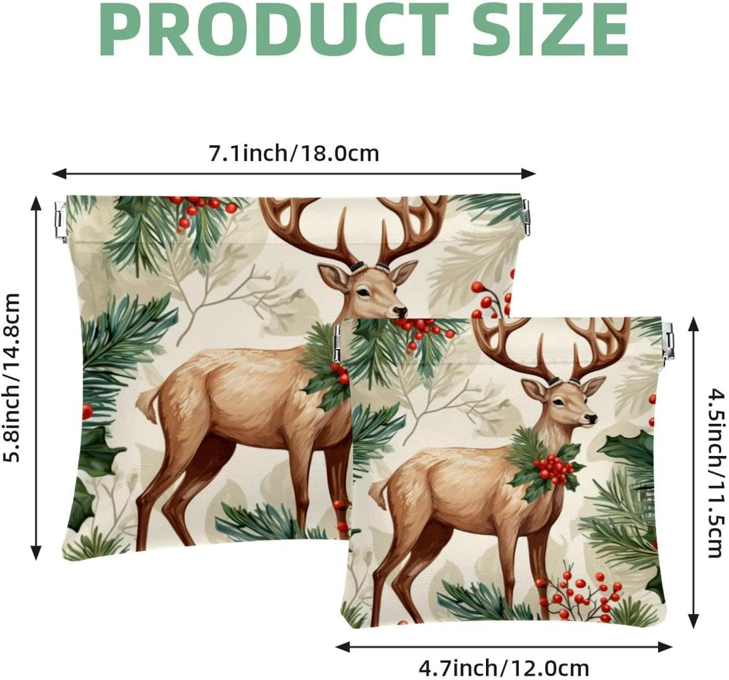 Cute Christmas Elk-1856 Pocket Cosmetic Bag, Waterproof Squeeze Makeup Bag No Zipper Self-Closing, Portable Mini Travel Storage for Headphones Jewelry, 7.1x5.8 inch/4.7x4.5 inch