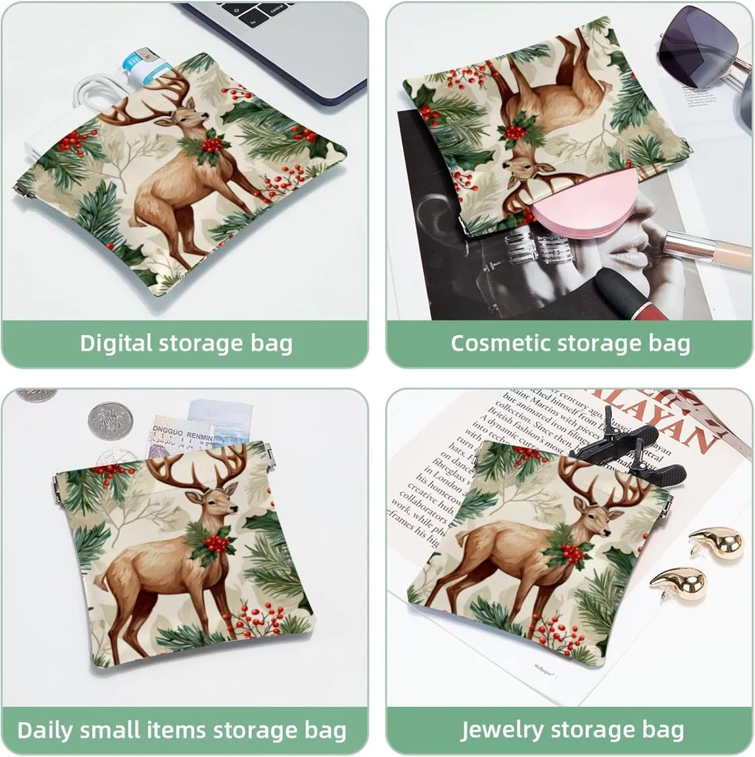Cute Christmas Elk-1856 Pocket Cosmetic Bag, Waterproof Squeeze Makeup Bag No Zipper Self-Closing, Portable Mini Travel Storage for Headphones Jewelry, 7.1x5.8 inch/4.7x4.5 inch
