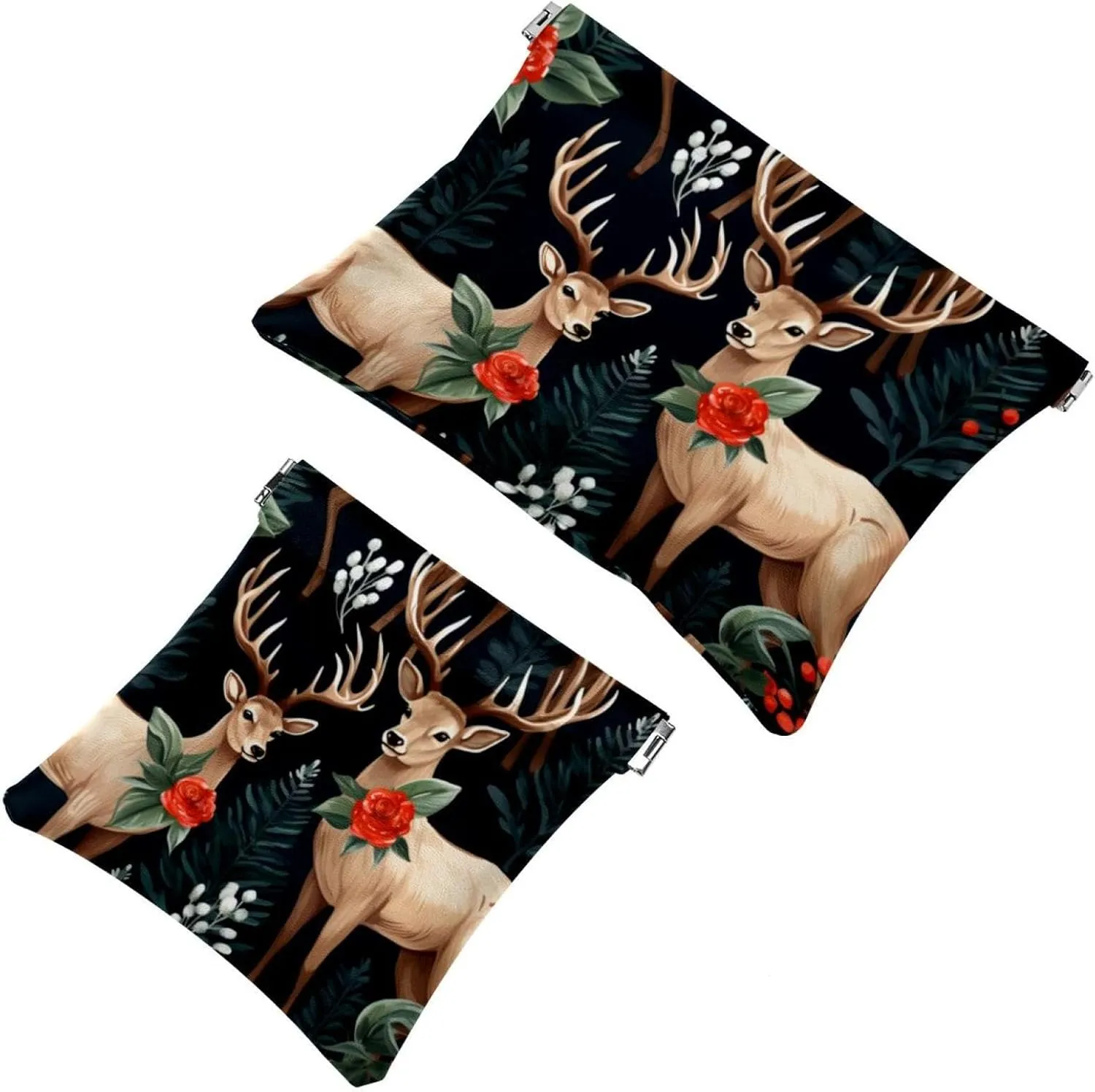 Cute Christmas Elk-1872 Pocket Cosmetic Bag, Waterproof Squeeze Makeup Bag No Zipper Self-Closing, Portable Mini Travel Storage for Headphones Jewelry