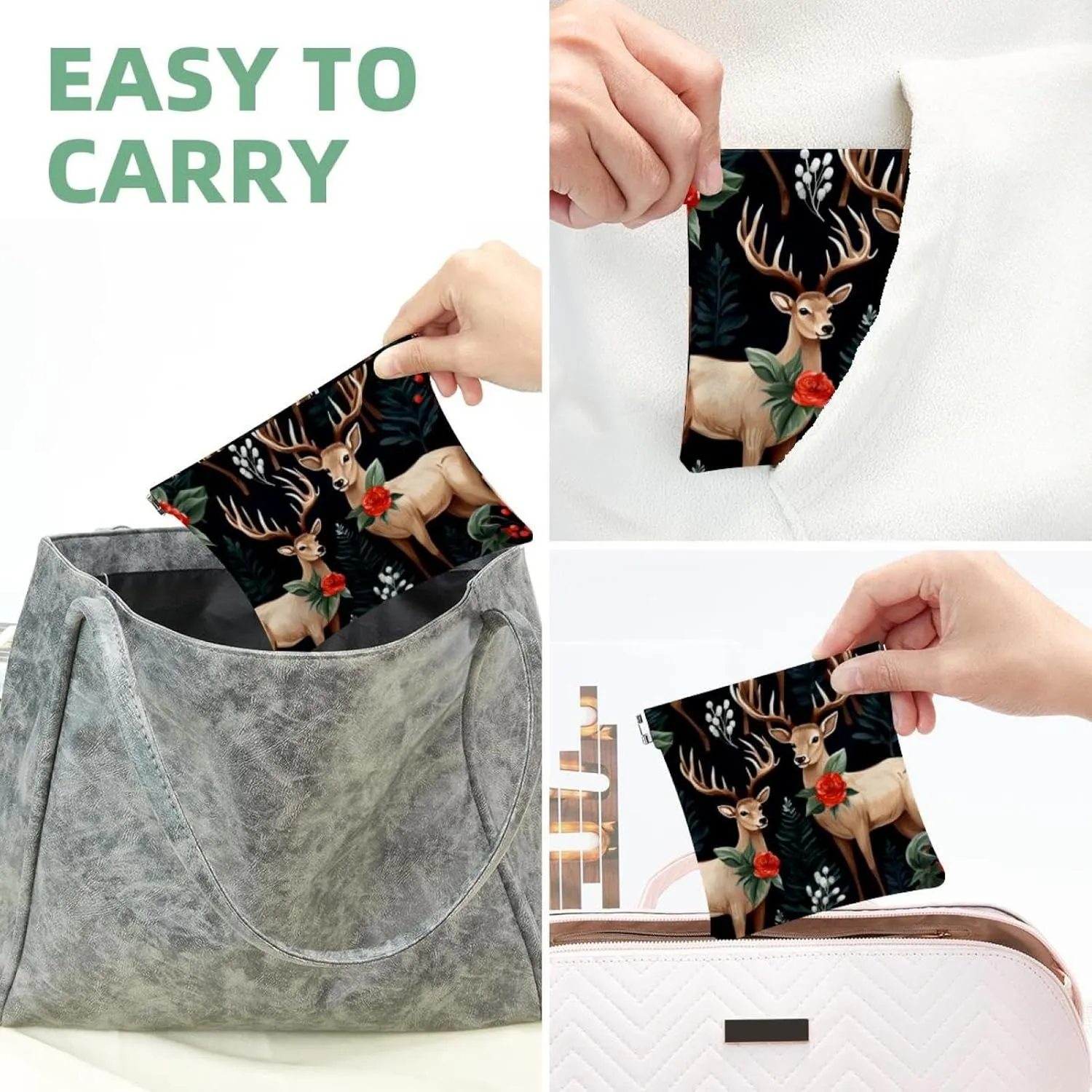 Cute Christmas Elk-1872 Pocket Cosmetic Bag, Waterproof Squeeze Makeup Bag No Zipper Self-Closing, Portable Mini Travel Storage for Headphones Jewelry