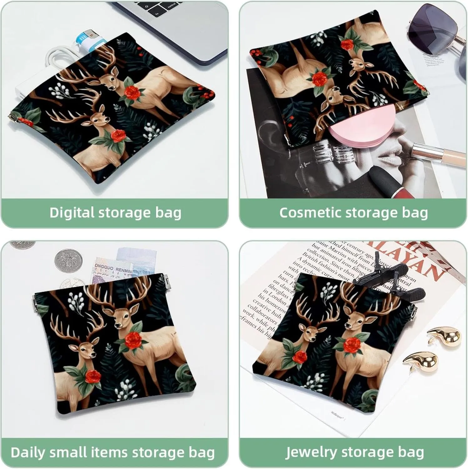 Cute Christmas Elk-1872 Pocket Cosmetic Bag, Waterproof Squeeze Makeup Bag No Zipper Self-Closing, Portable Mini Travel Storage for Headphones Jewelry