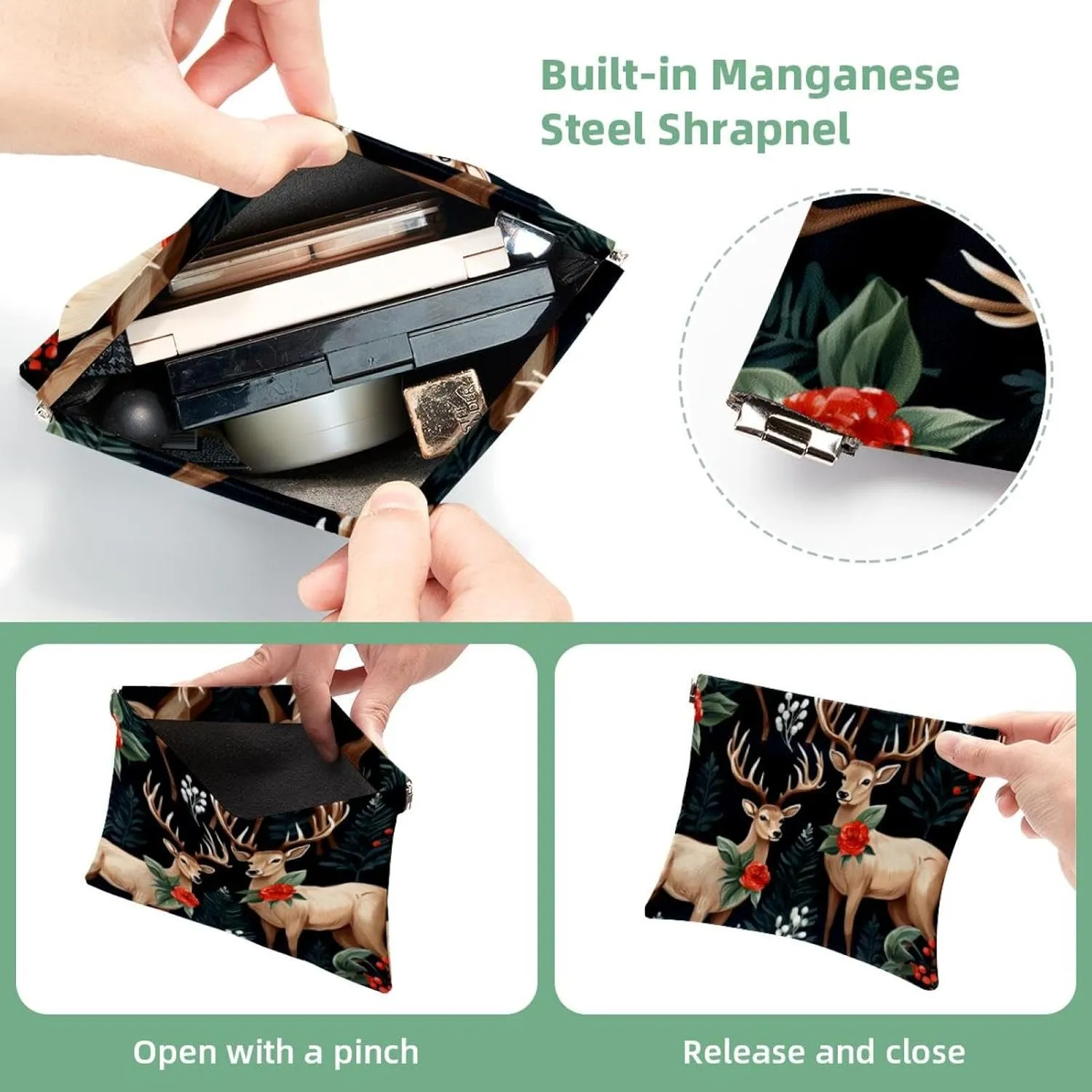 Cute Christmas Elk-1872 Pocket Cosmetic Bag, Waterproof Squeeze Makeup Bag No Zipper Self-Closing, Portable Mini Travel Storage for Headphones Jewelry