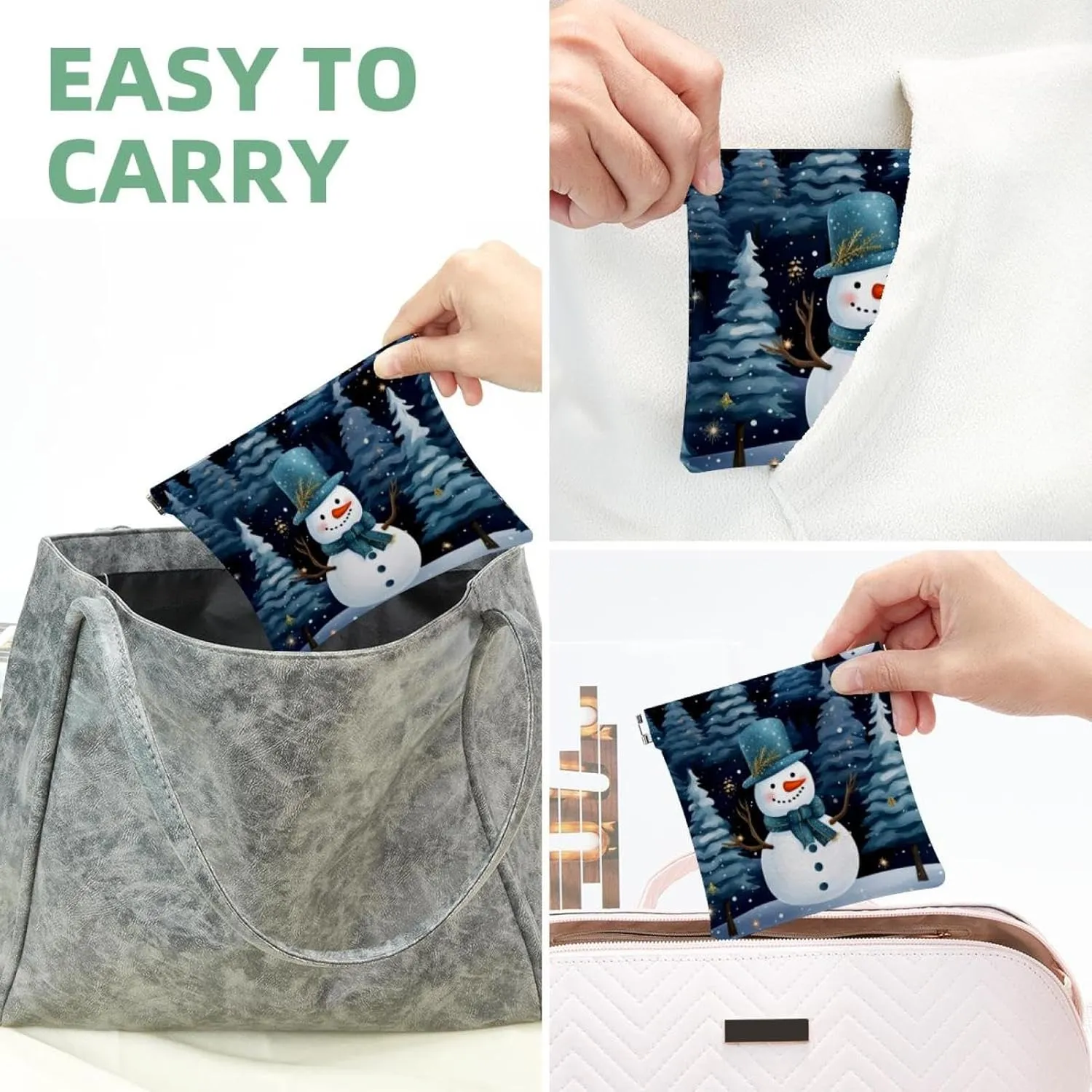 Cute Christmas Snowman-1844 Pocket Cosmetic Bag, Waterproof Squeeze Makeup Bag No Zipper Self-Closing, Portable Mini Travel Storage for Headphones Jewelry