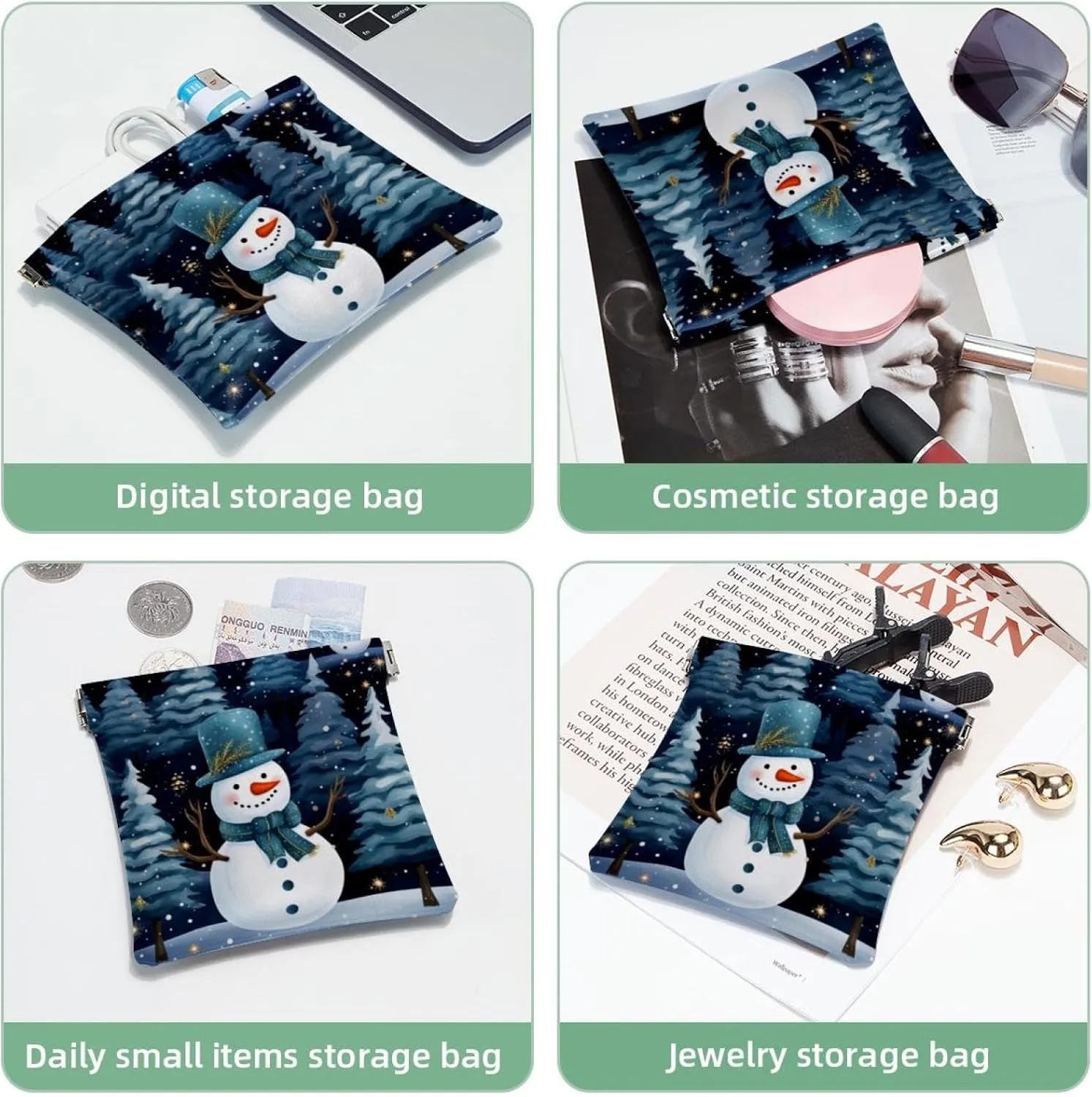 Cute Christmas Snowman-1844 Pocket Cosmetic Bag, Waterproof Squeeze Makeup Bag No Zipper Self-Closing, Portable Mini Travel Storage for Headphones Jewelry