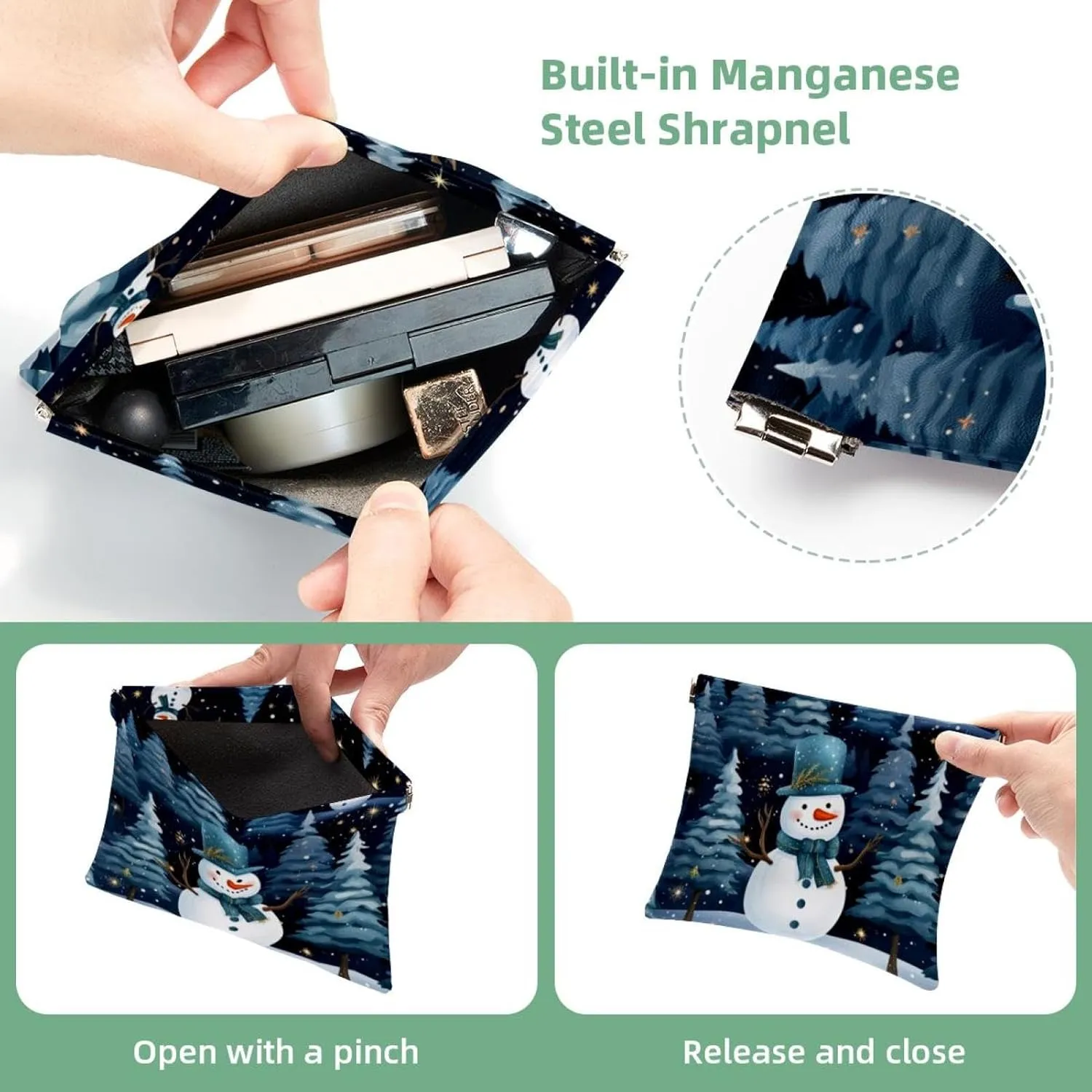 Cute Christmas Snowman-1844 Pocket Cosmetic Bag, Waterproof Squeeze Makeup Bag No Zipper Self-Closing, Portable Mini Travel Storage for Headphones Jewelry