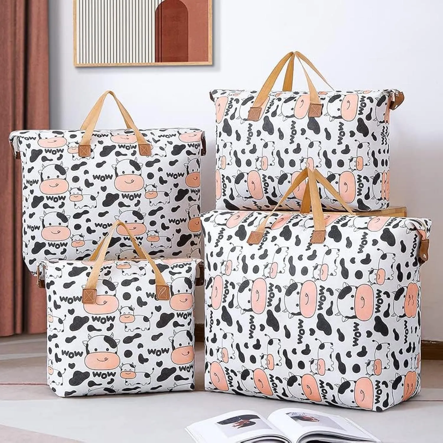 Cute Cow Zipper Storage Bag with Large Capacity Foldable Organizer with Handle, Zipper Closed Storage Bag
