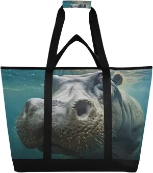 Cute Hippo Reusable Insulated Lunchbox Cooler Bag, Leakproof Kitchen Grocery Bag Collapsible Portable Cooler Tote Bag for Picnic, Camping, Office, Travel