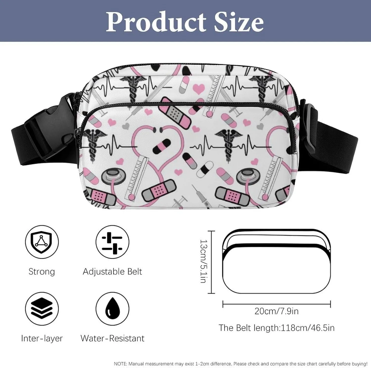 Cute Stethoscope Nurse Large Capacity Portable All Print Waist Bag