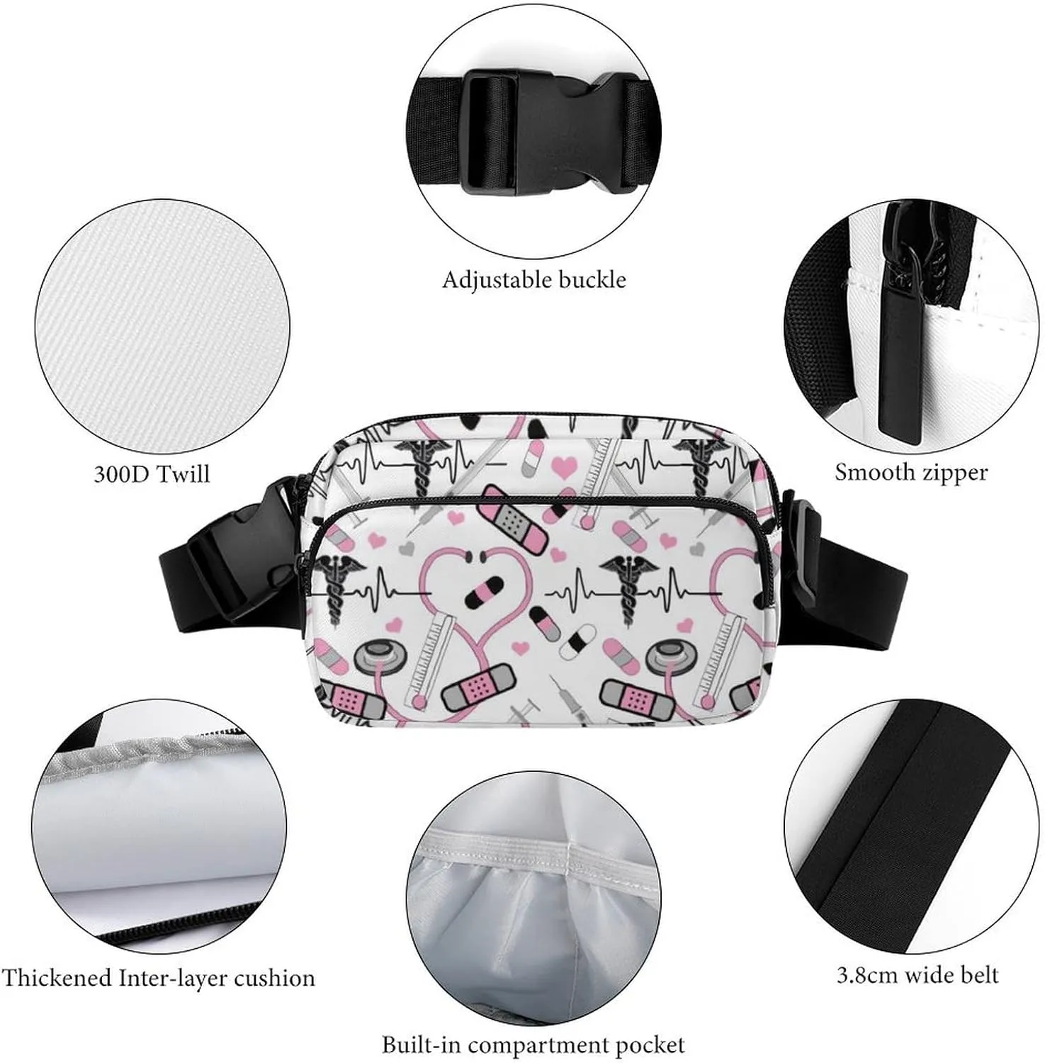 Cute Stethoscope Nurse Large Capacity Portable All Print Waist Bag
