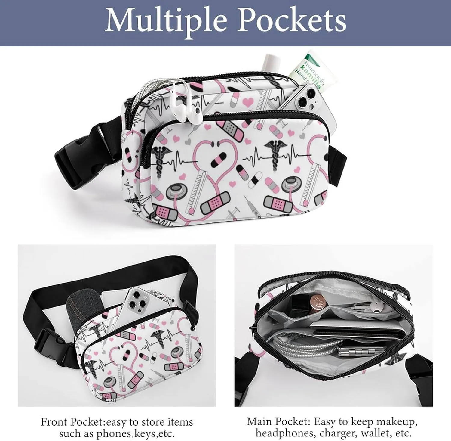 Cute Stethoscope Nurse Large Capacity Portable All Print Waist Bag