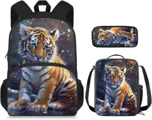 Cute Tiger Backpack for Boys Girls Backpack with Lunch Box and Large Pencil Pouch 3Pcs Set 15" Sturdy Bookbag with Front Pocket for School Kids Lightweight Kindergarten School Bag