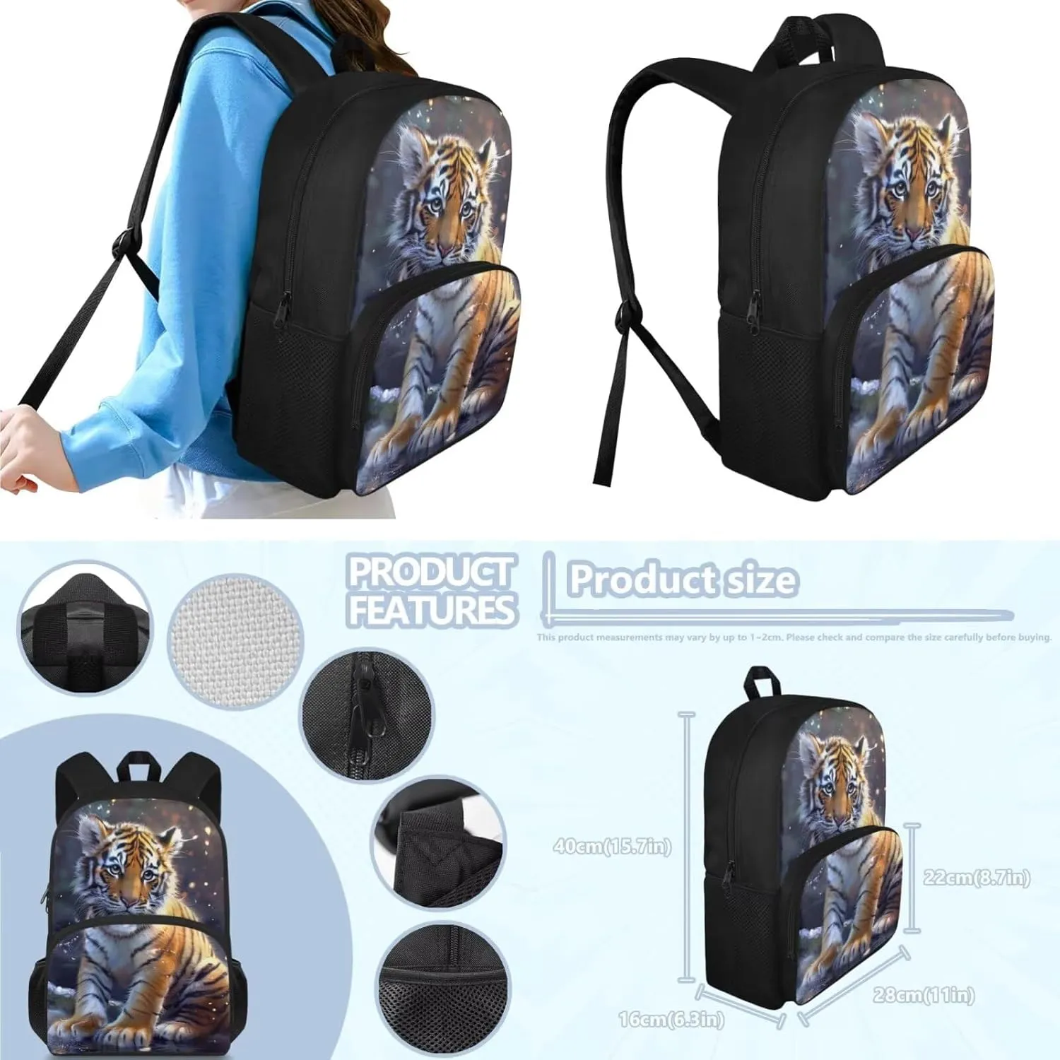 Cute Tiger Backpack for Boys Girls Backpack with Lunch Box and Large Pencil Pouch 3Pcs Set 15" Sturdy Bookbag with Front Pocket for School Kids Lightweight Kindergarten School Bag