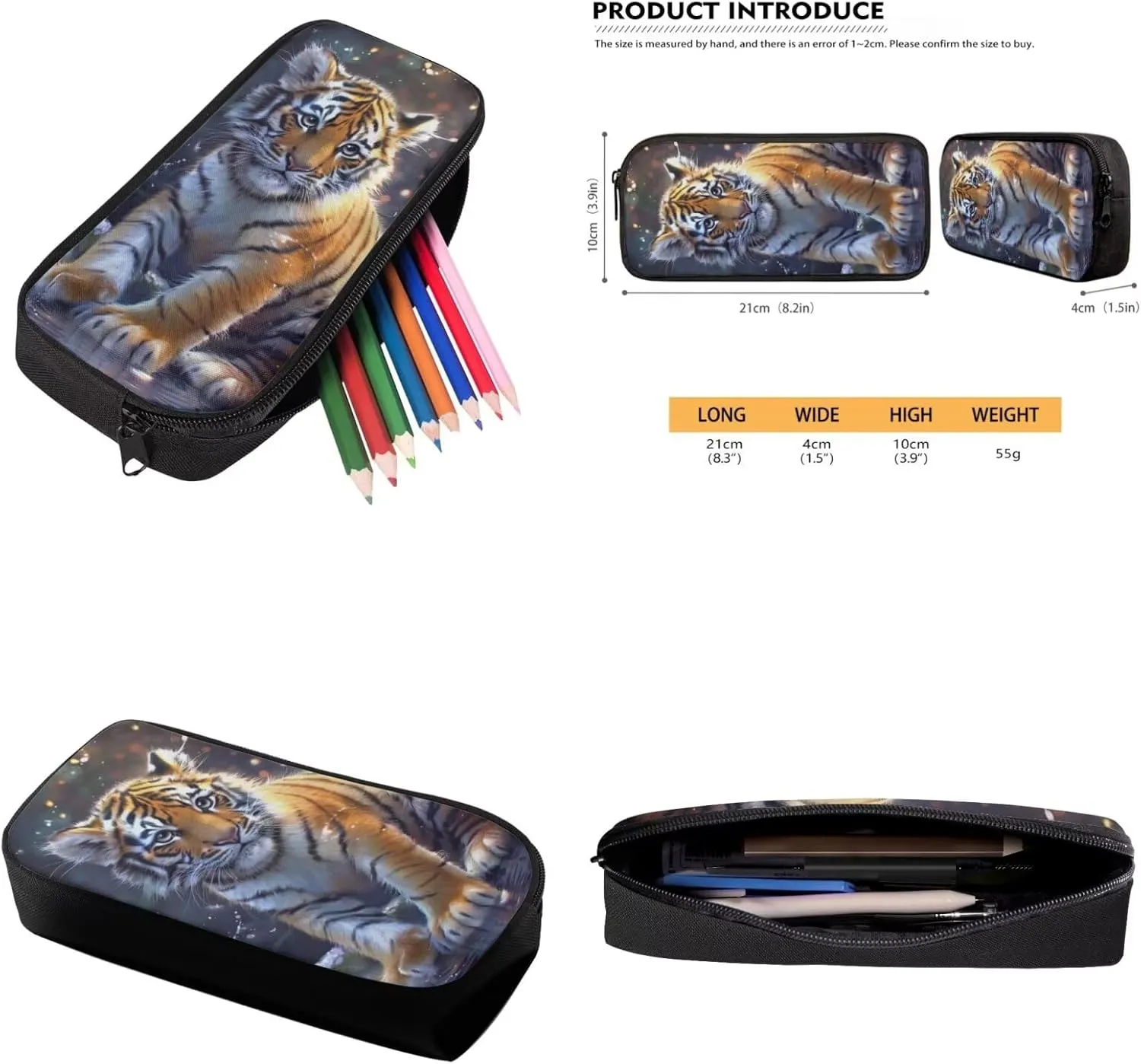 Cute Tiger Backpack for Boys Girls Backpack with Lunch Box and Large Pencil Pouch 3Pcs Set 15" Sturdy Bookbag with Front Pocket for School Kids Lightweight Kindergarten School Bag