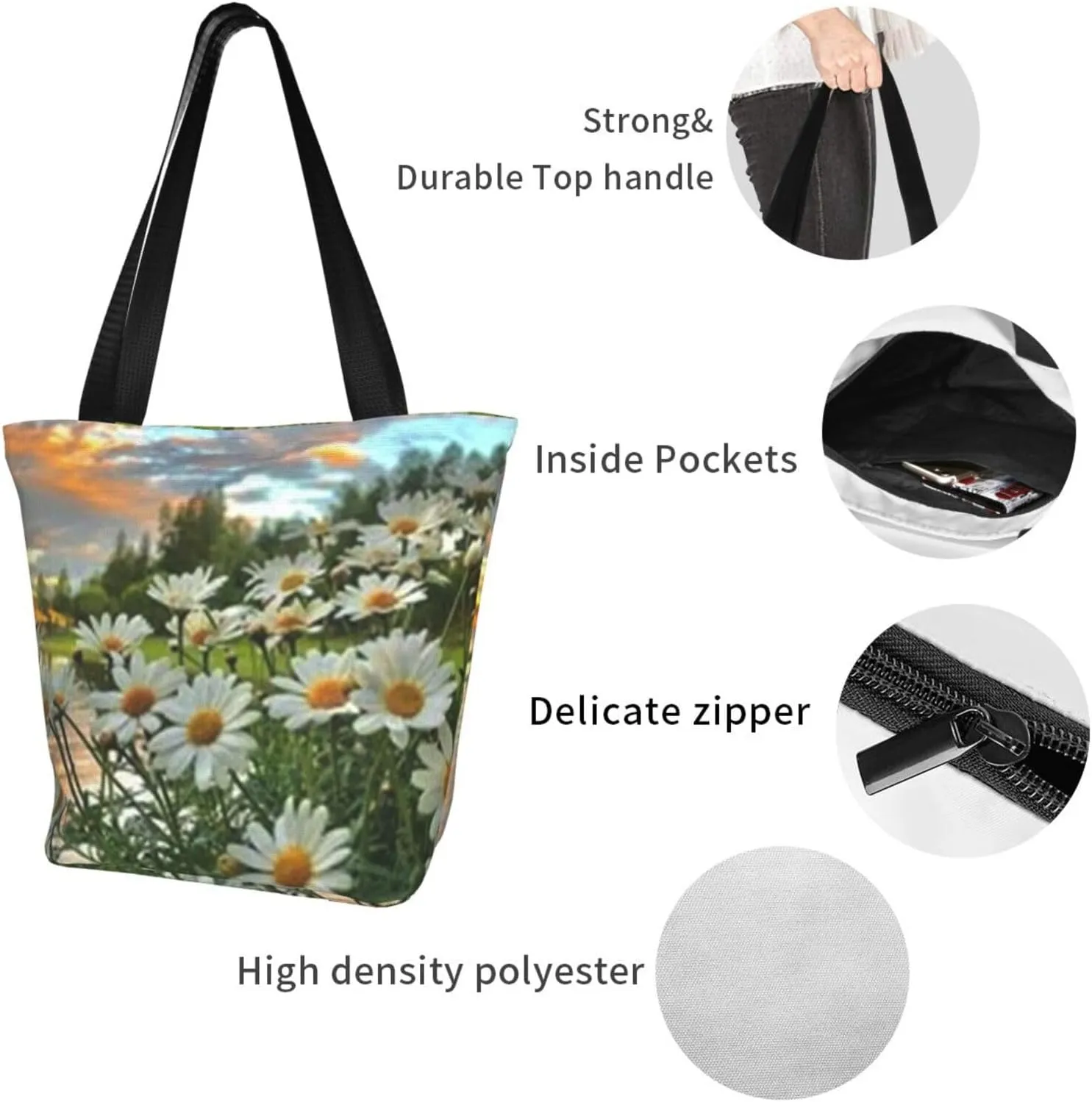 D-aisy Tote Shopping Bag, Hobo Bag Casual Handbag Large Capacity Shopping Work Bag. Black