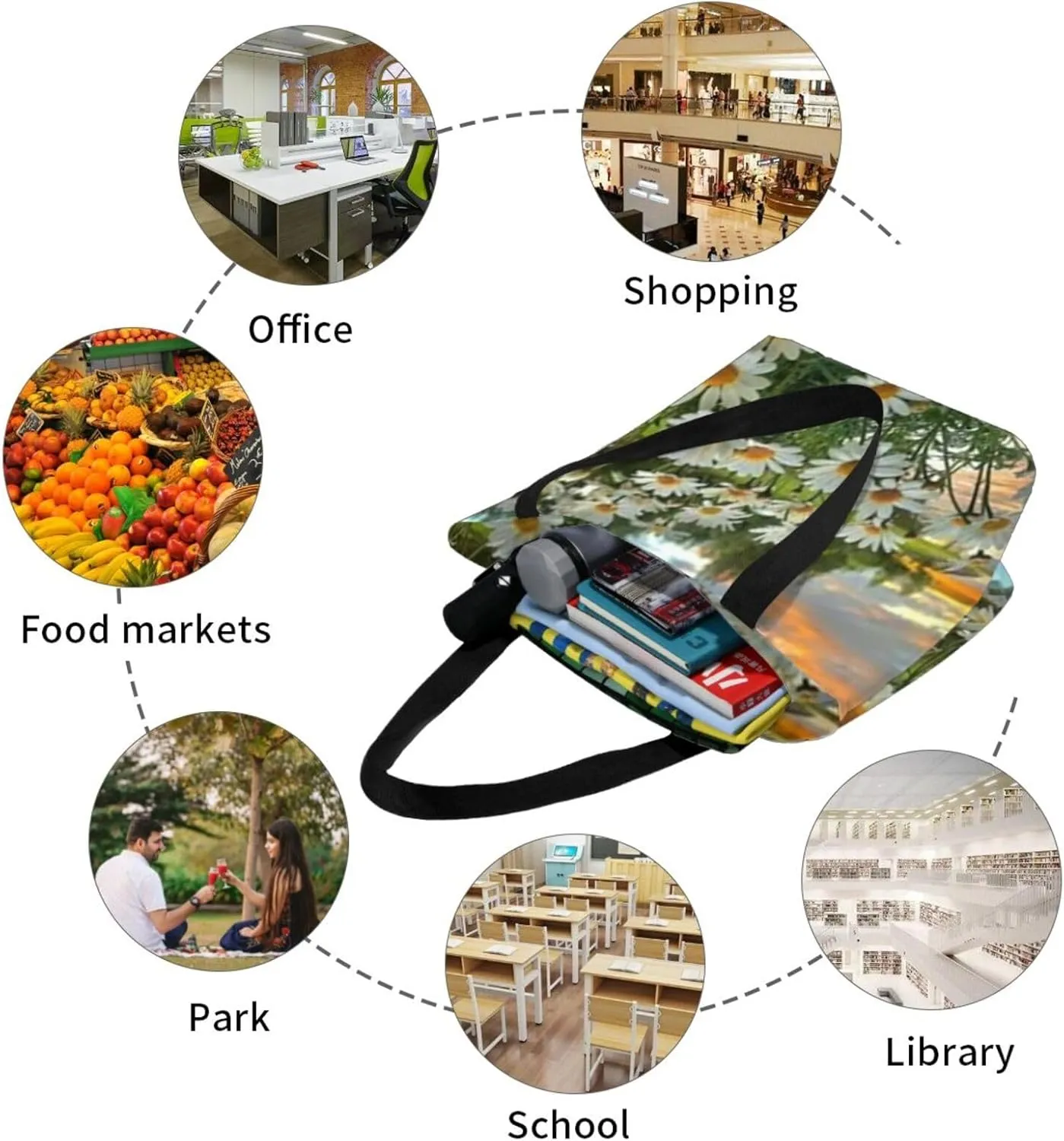 D-aisy Tote Shopping Bag, Hobo Bag Casual Handbag Large Capacity Shopping Work Bag. Black