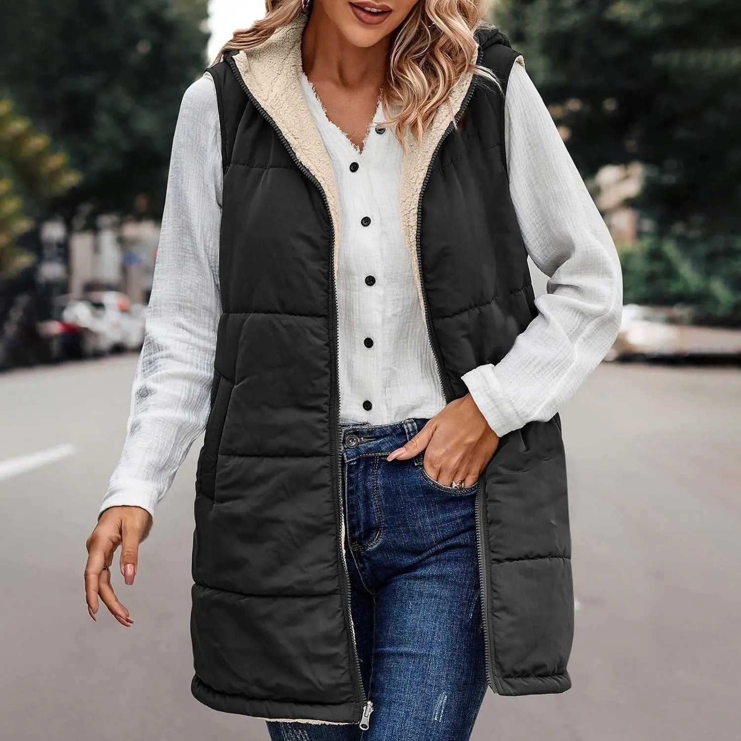 Dademeo Womens Warm Winter Coats Reversible Fleece Long Hooded Puffer Jackets Outerwear 2023 Fashion Solid Cotton Trench Coat
