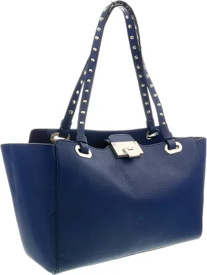 Daniela Fargion Electric Blue Leather Studded Handle Medium Shopper Tote Bag for womens