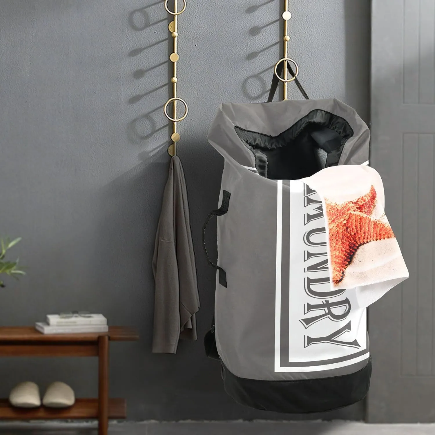 Dark Gray Nylon Travel Laundry Bag for Luggage Dirty Heavy Duty Dirty Clothes Organizer with Drawstring Closure & Shoulder Straps Drawstring Hamper Liner for College Dorm Factories Apartment
