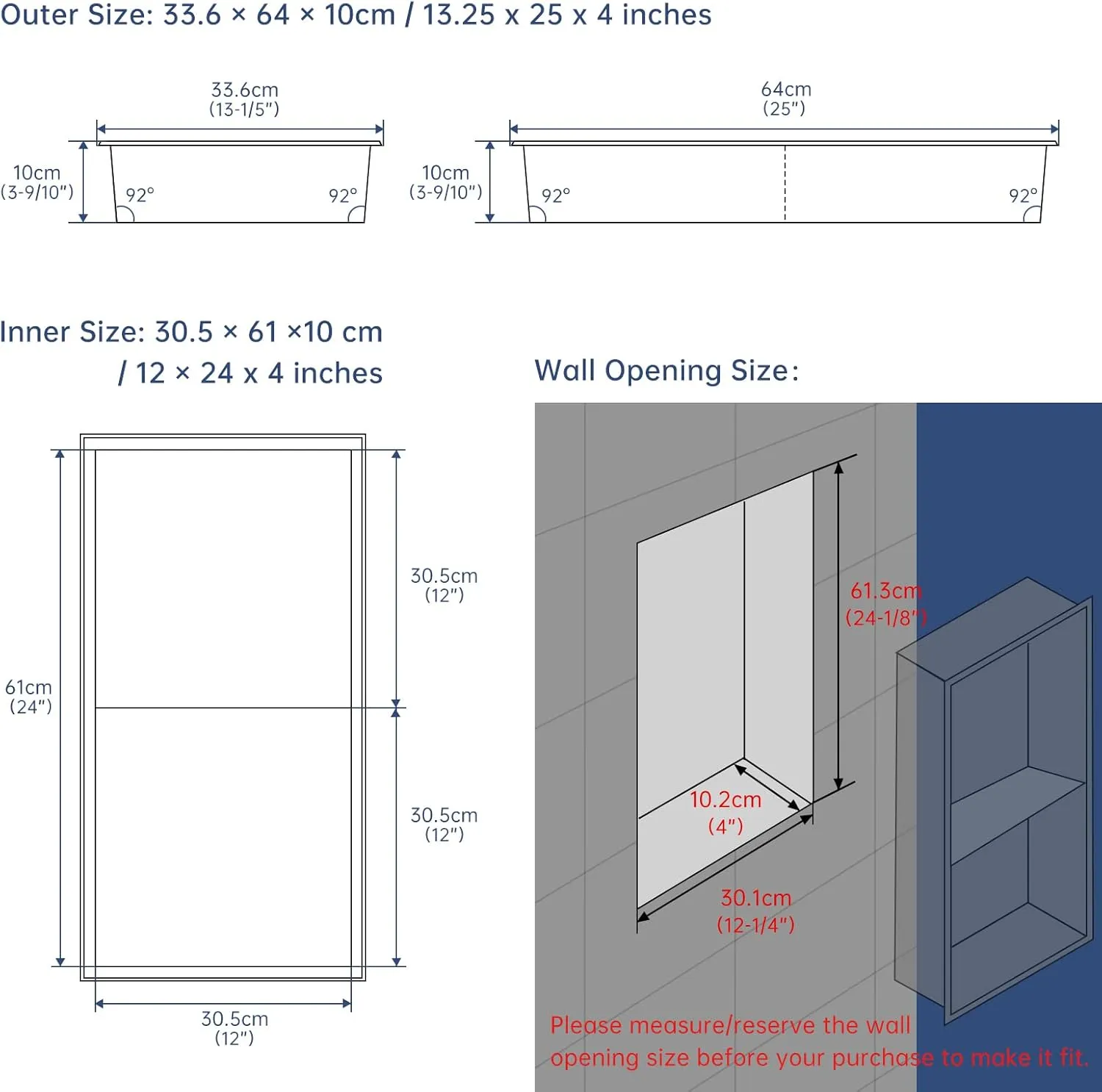 DAYONE Matte Black Shower Niche 12" X 24" NO Tile Needed, Stainless Steel Rectangular Bathroom Wall Soap Niche, Alcove Douche De Niche Salle De Bain, Double Shelf Shower Nook Insert
