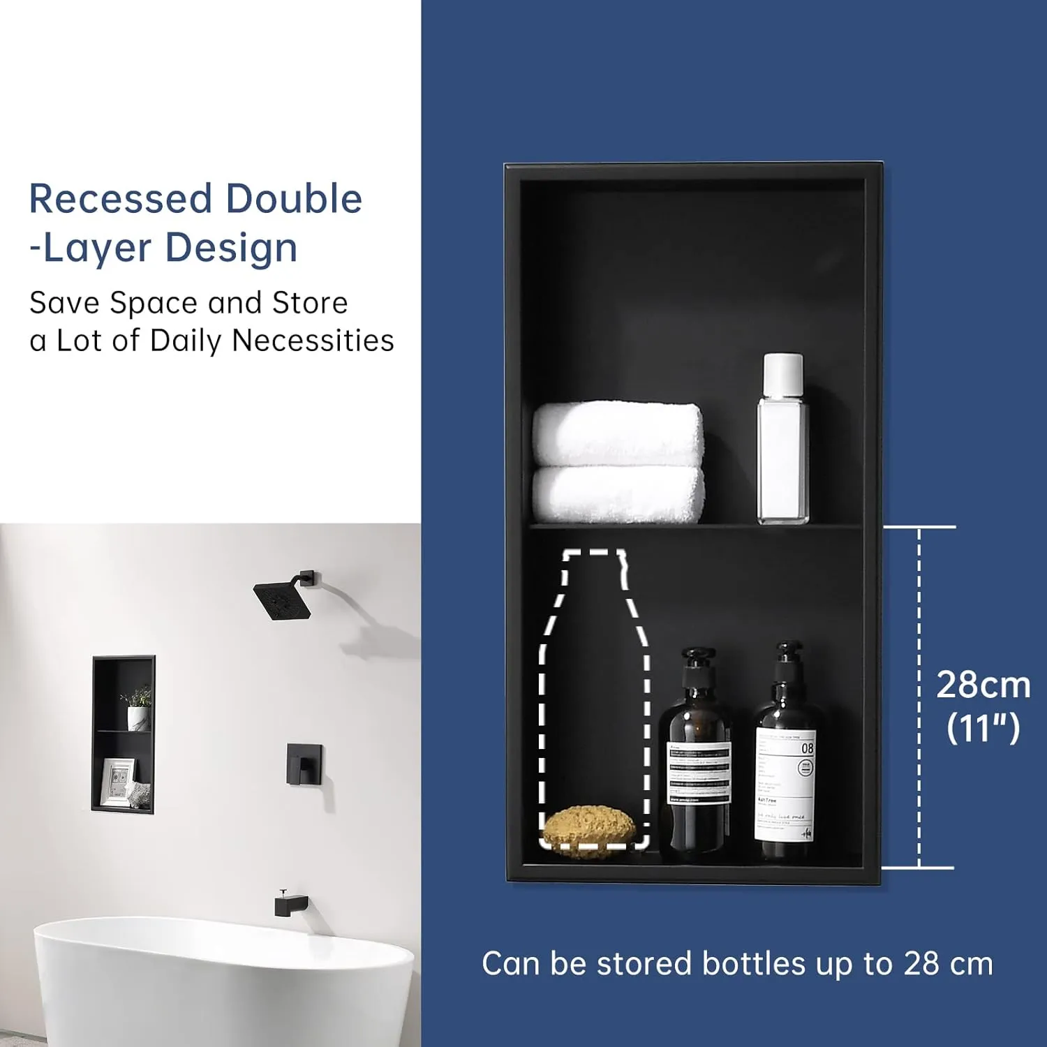 DAYONE Matte Black Shower Niche 12" X 24" NO Tile Needed, Stainless Steel Rectangular Bathroom Wall Soap Niche, Alcove Douche De Niche Salle De Bain, Double Shelf Shower Nook Insert