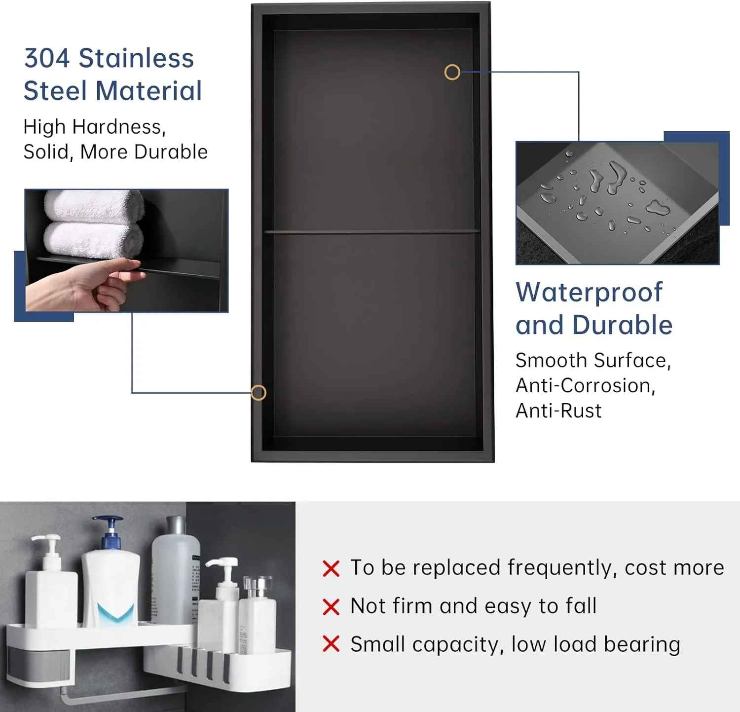 DAYONE Matte Black Shower Niche 12" X 24" NO Tile Needed, Stainless Steel Rectangular Bathroom Wall Soap Niche, Alcove Douche De Niche Salle De Bain, Double Shelf Shower Nook Insert