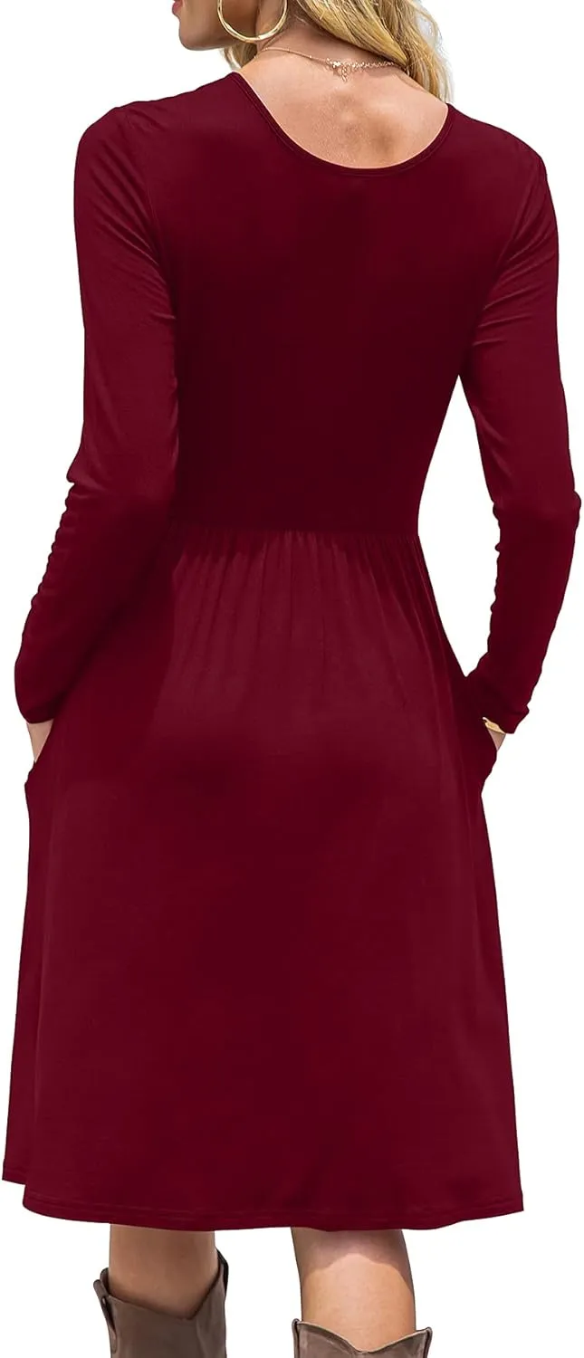 DB MOON Women Casual Long Sleeve Dresses Empire Waist Knee Length Loose Dress with Pockets