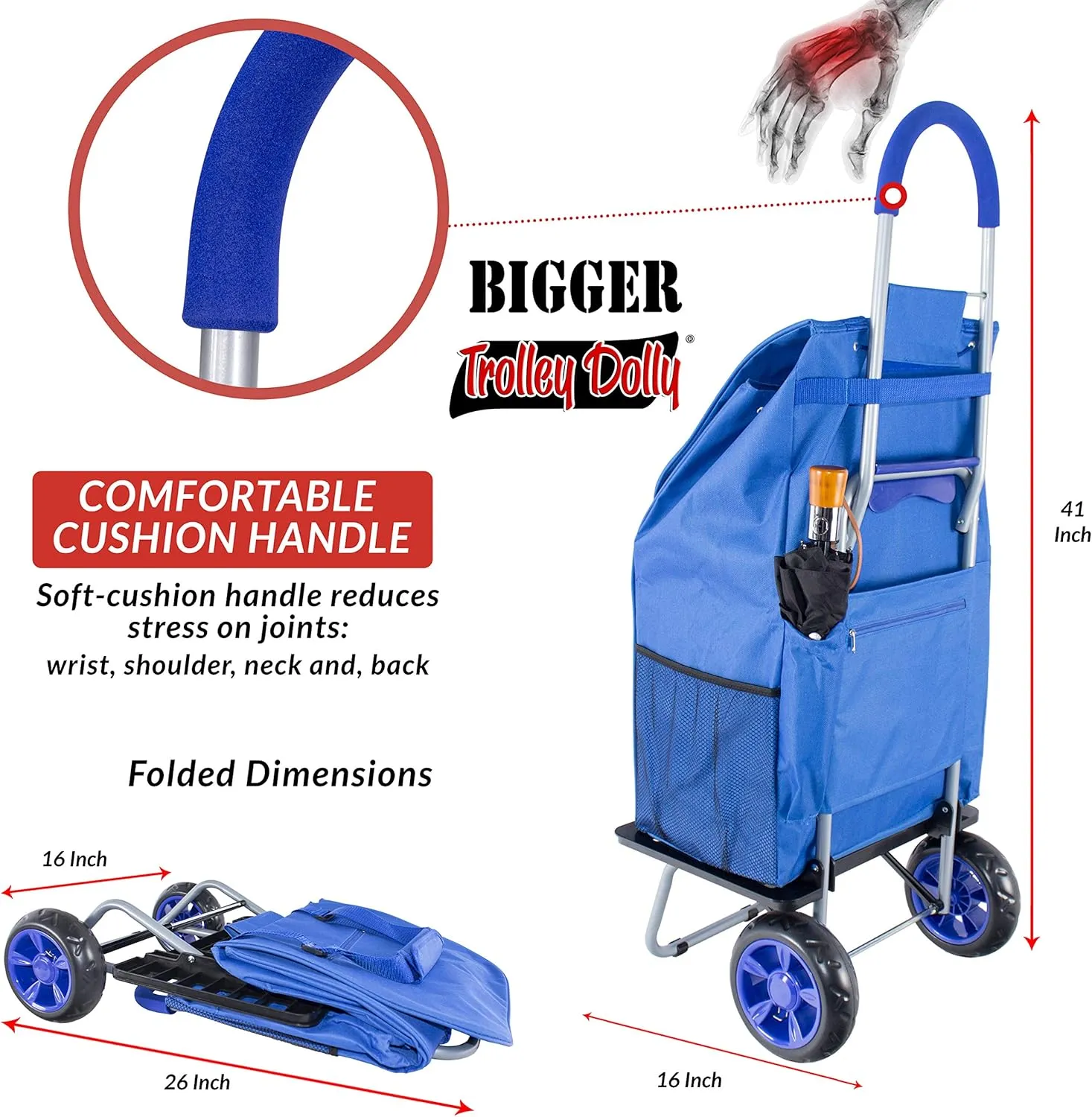 dbest products Bigger Trolley Dolly, Blue Shopping Grocery Foldable Cart