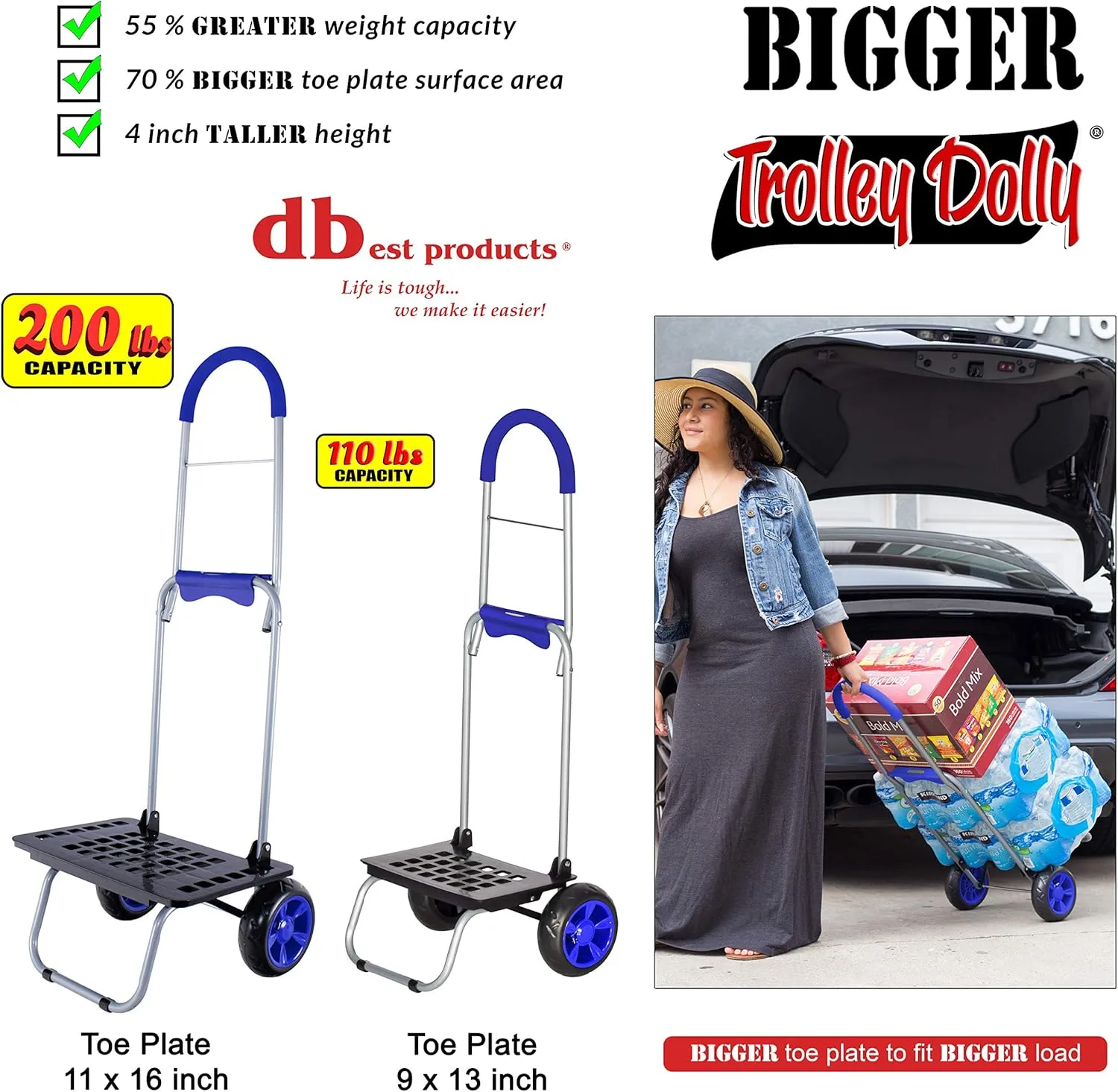dbest products Bigger Trolley Dolly, Blue Shopping Grocery Foldable Cart
