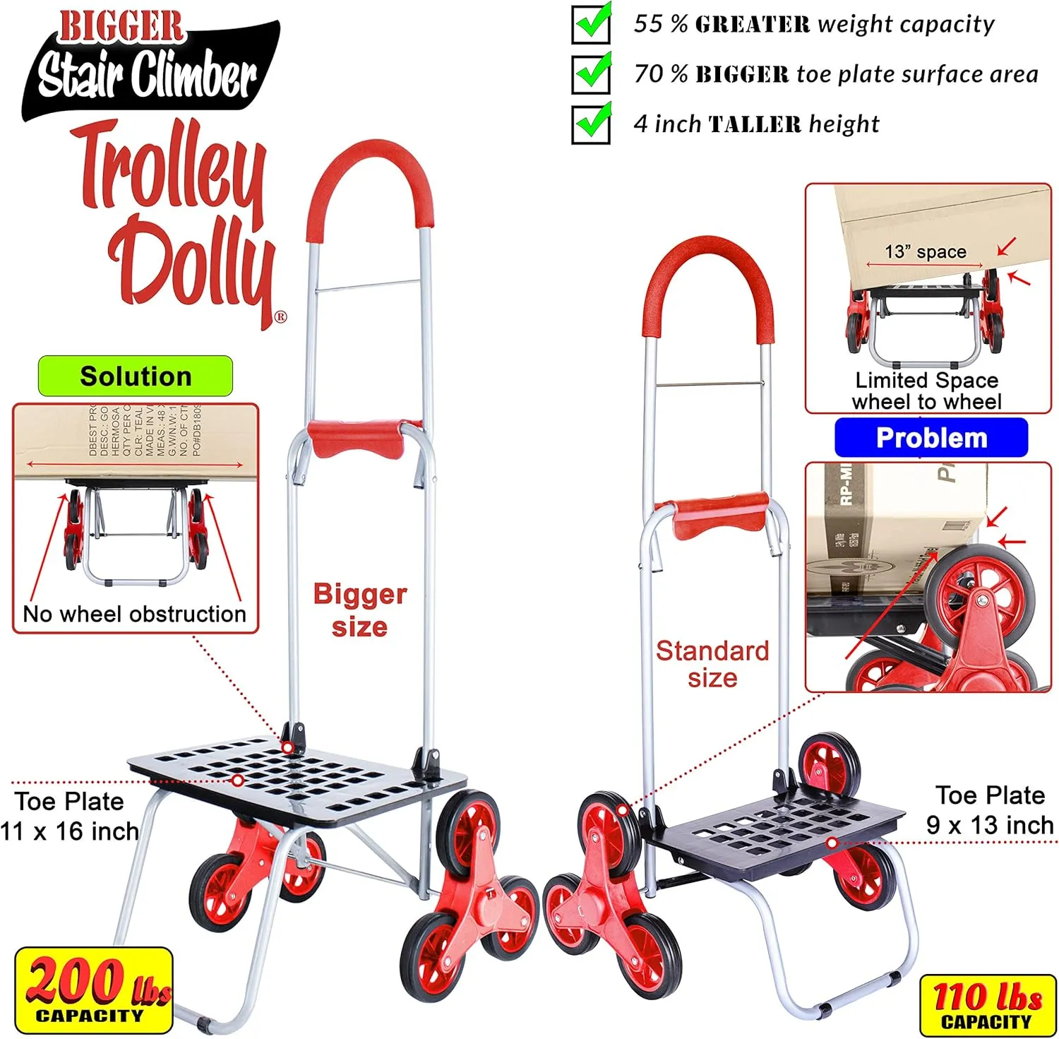 dbest products Stair Climber Bigger Trolley Dolly Shopping Cart, Red Shopping Grocery Foldable Cart Condo Apartment