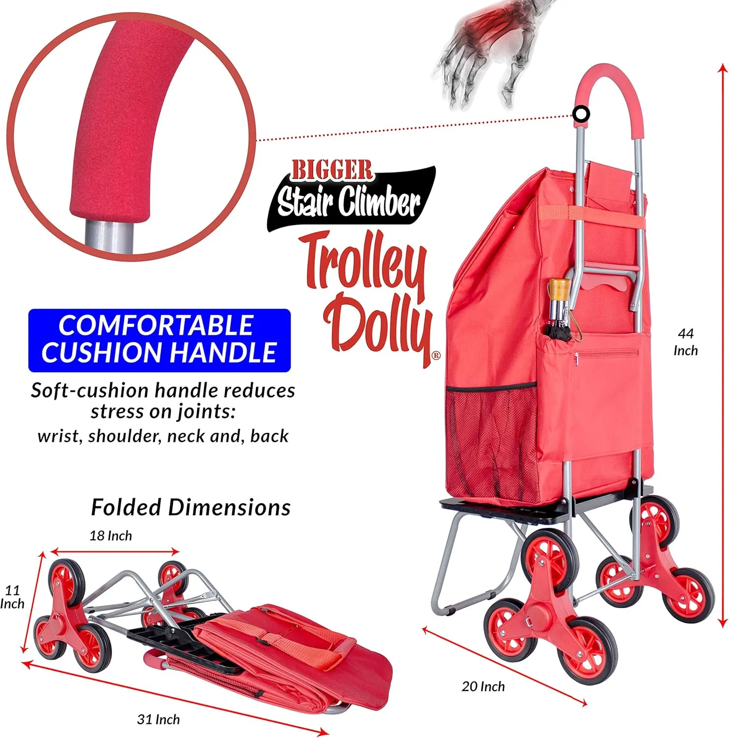 dbest products Stair Climber Bigger Trolley Dolly Shopping Cart, Red Shopping Grocery Foldable Cart Condo Apartment
