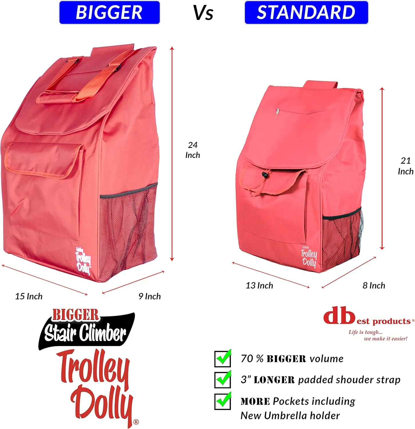 dbest products Stair Climber Bigger Trolley Dolly Shopping Cart, Red Shopping Grocery Foldable Cart Condo Apartment