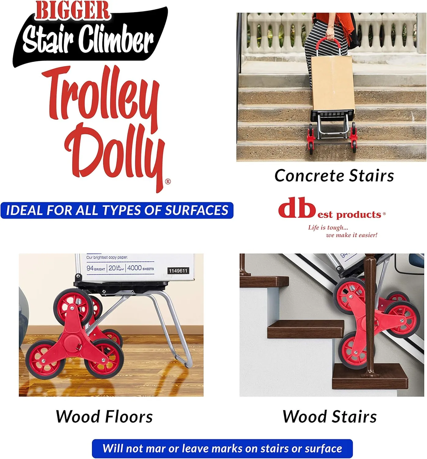 dbest products Stair Climber Bigger Trolley Dolly Shopping Cart, Red Shopping Grocery Foldable Cart Condo Apartment