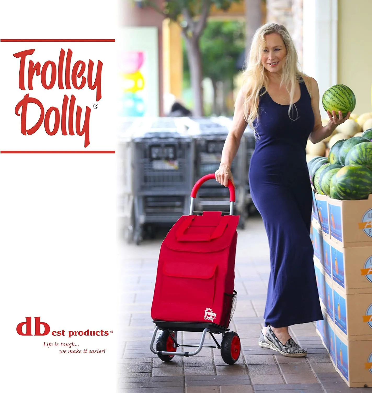 dbest products Trolley Dolly Red Foldable Shopping cart for Groceries with Wheels and Removable Bag and Rolling Personal Handtruck Standard