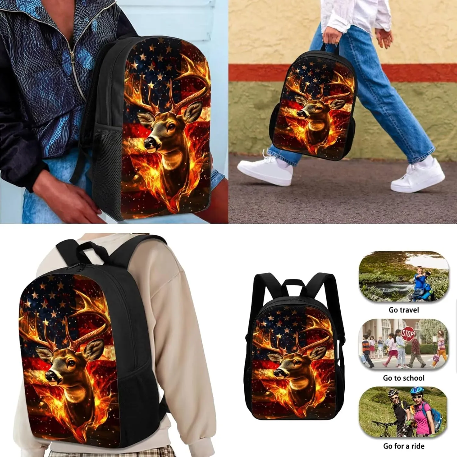 Deer Backpack Fire American Flag Deer Kids School Bag with Lunch Bag Pencil Case and Water Bottle Holder 4PCS Primary School Bag Rucksack Children Bookbag for Teens Back to School Supplies