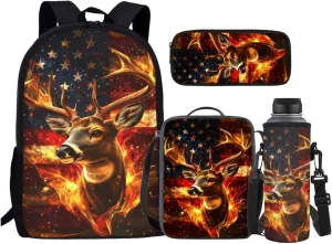 Deer Backpack Fire American Flag Deer Kids School Bag with Lunch Bag Pencil Case and Water Bottle Holder 4PCS Primary School Bag Rucksack Children Bookbag for Teens Back to School Supplies