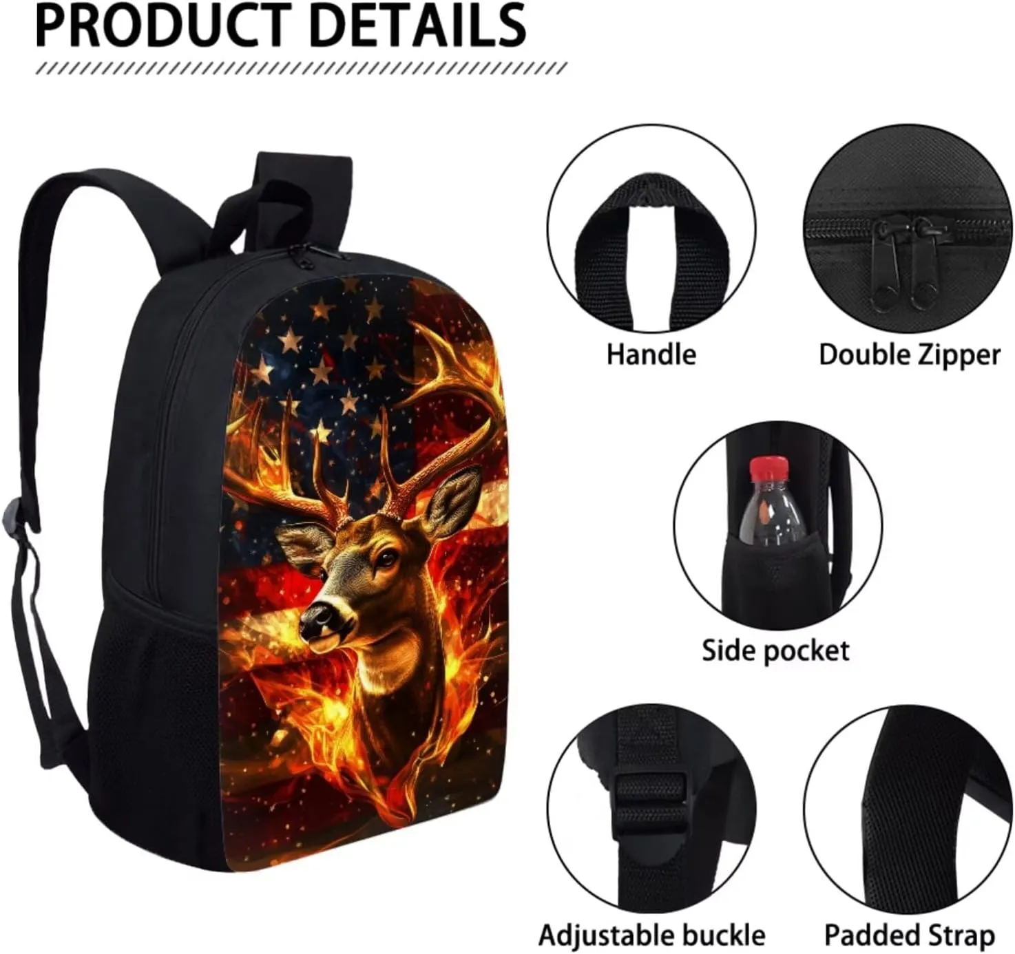 Deer Backpack Fire American Flag Deer Kids School Bag with Lunch Bag Pencil Case and Water Bottle Holder 4PCS Primary School Bag Rucksack Children Bookbag for Teens Back to School Supplies