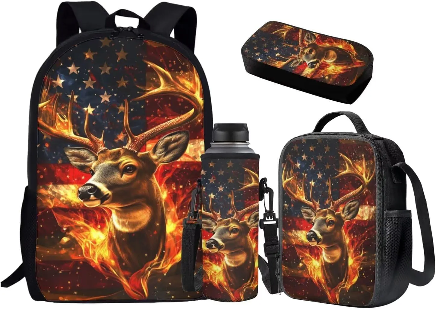 Deer Backpack Fire American Flag Deer Kids School Bag with Lunch Bag Pencil Case and Water Bottle Holder 4PCS Primary School Bag Rucksack Children Bookbag for Teens Back to School Supplies