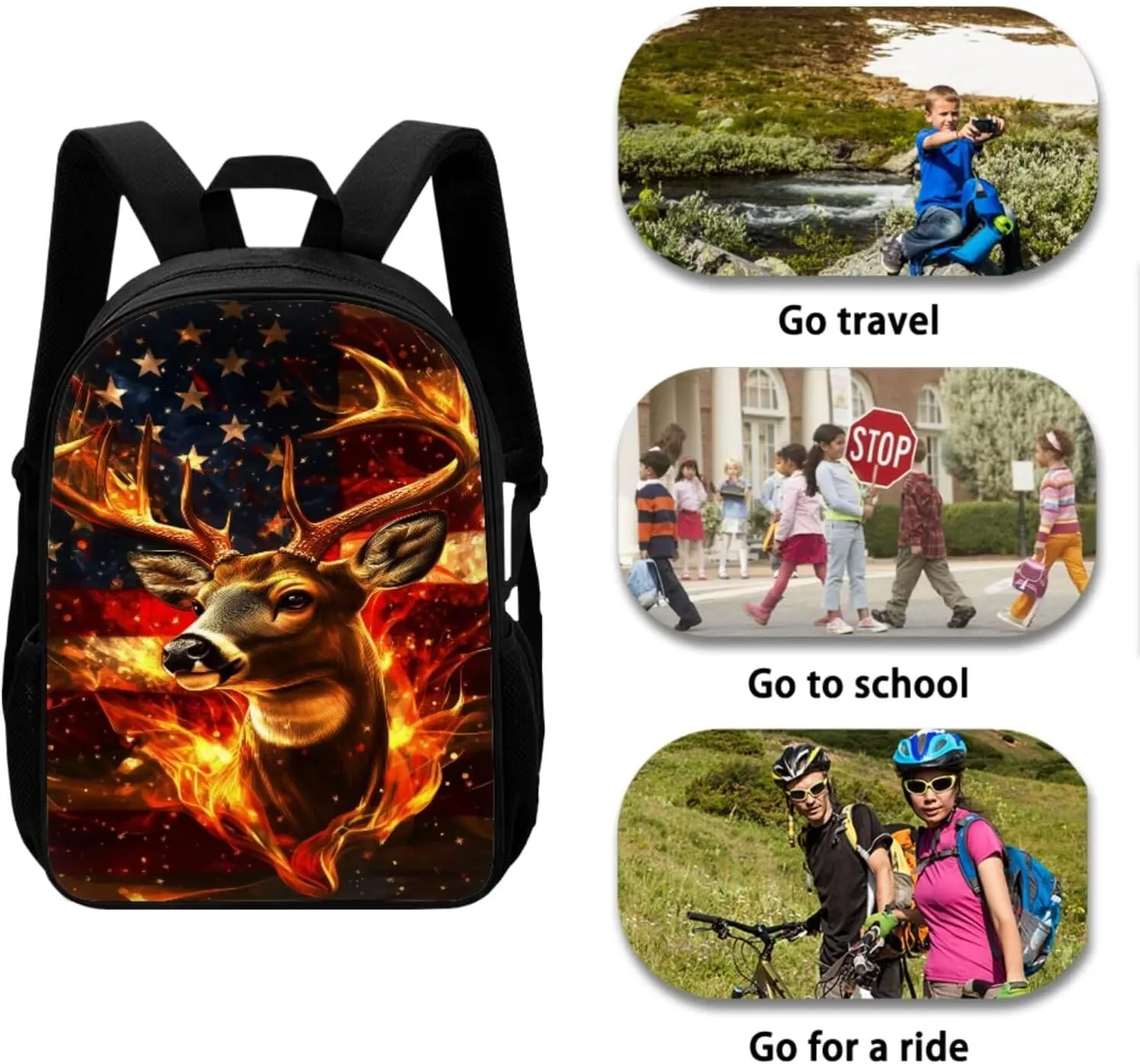 Deer Backpack Fire American Flag Deer Kids School Bag with Lunch Bag Pencil Case and Water Bottle Holder 4PCS Primary School Bag Rucksack Children Bookbag for Teens Back to School Supplies