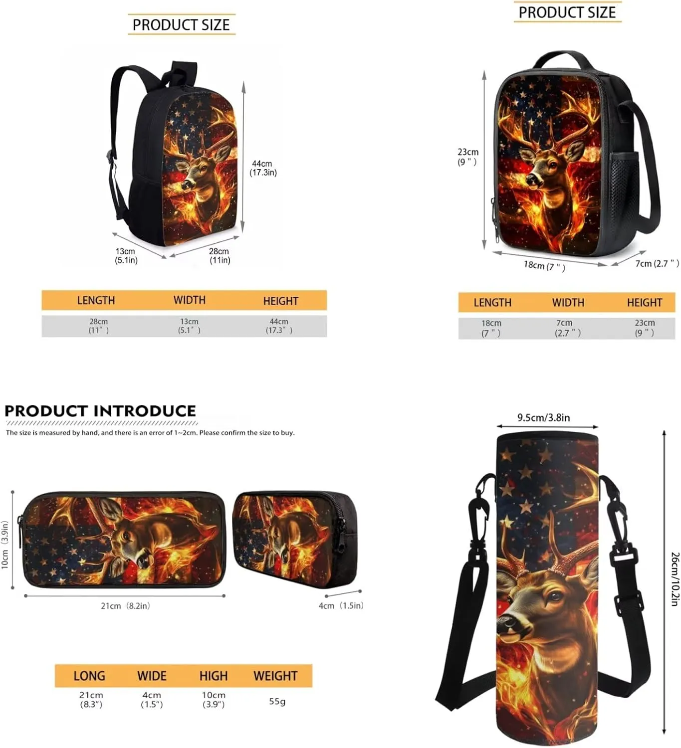 Deer Backpack Fire American Flag Deer Kids School Bag with Lunch Bag Pencil Case and Water Bottle Holder 4PCS Primary School Bag Rucksack Children Bookbag for Teens Back to School Supplies