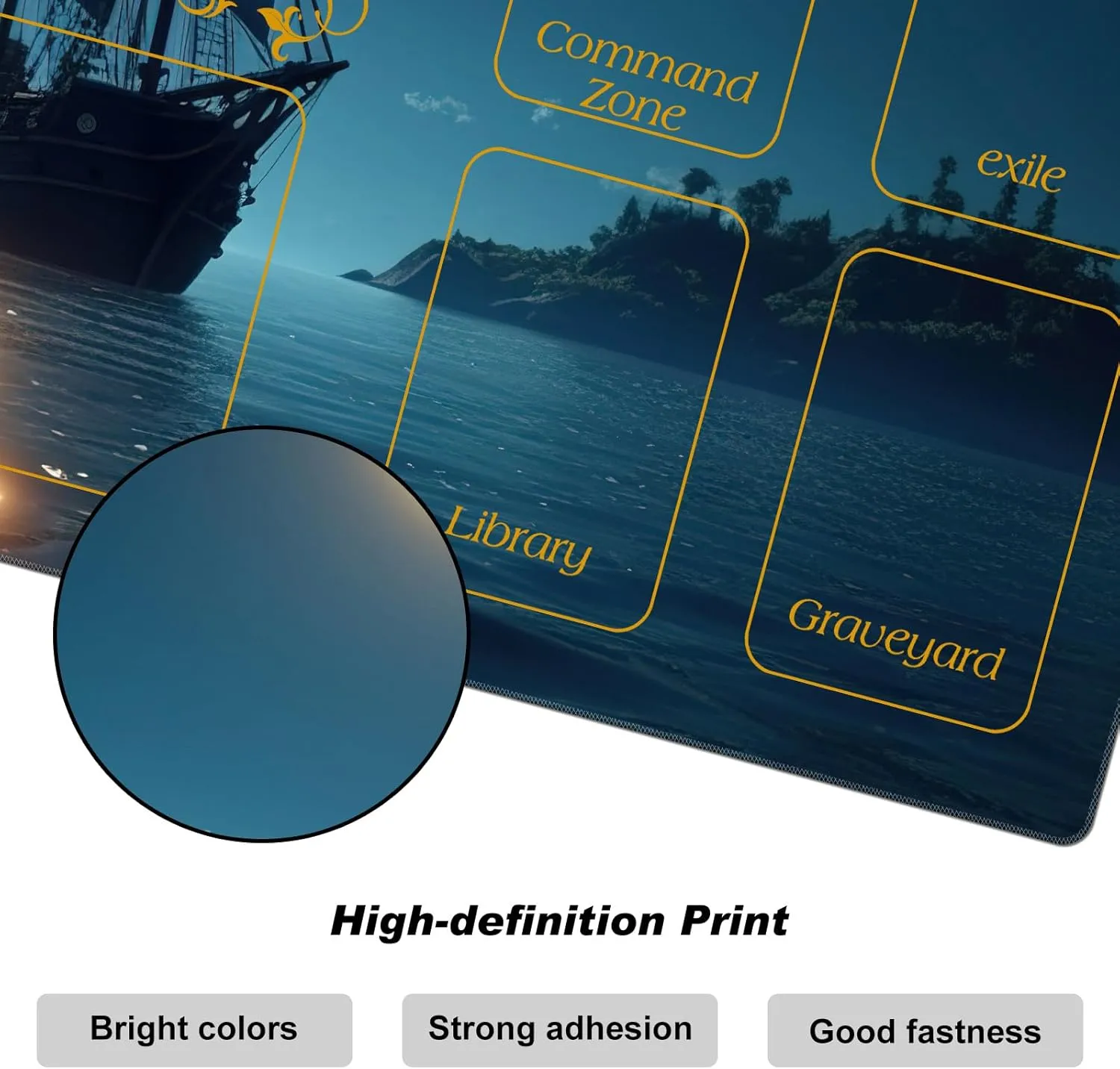 DEGDFSGR for MTG Playmat with Zones 24 x 14 inches for TCG Playmats Non-Slip Rubber Base Commander Play Mat for Magic The Gathering Playmat Iorcana Trading Card Game, Moon Ship Blue Sea