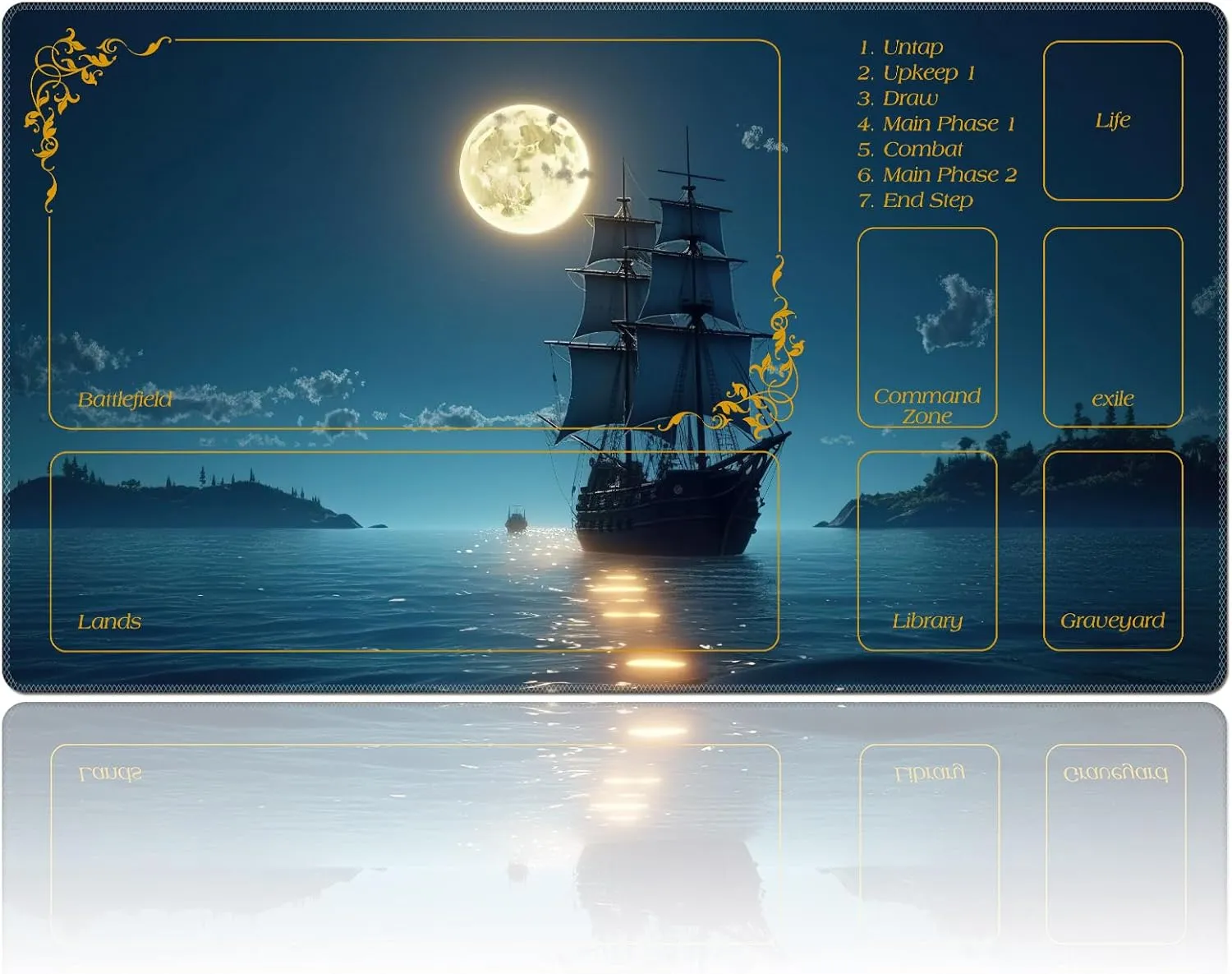 DEGDFSGR for MTG Playmat with Zones 24 x 14 inches for TCG Playmats Non-Slip Rubber Base Commander Play Mat for Magic The Gathering Playmat Iorcana Trading Card Game, Moon Ship Blue Sea