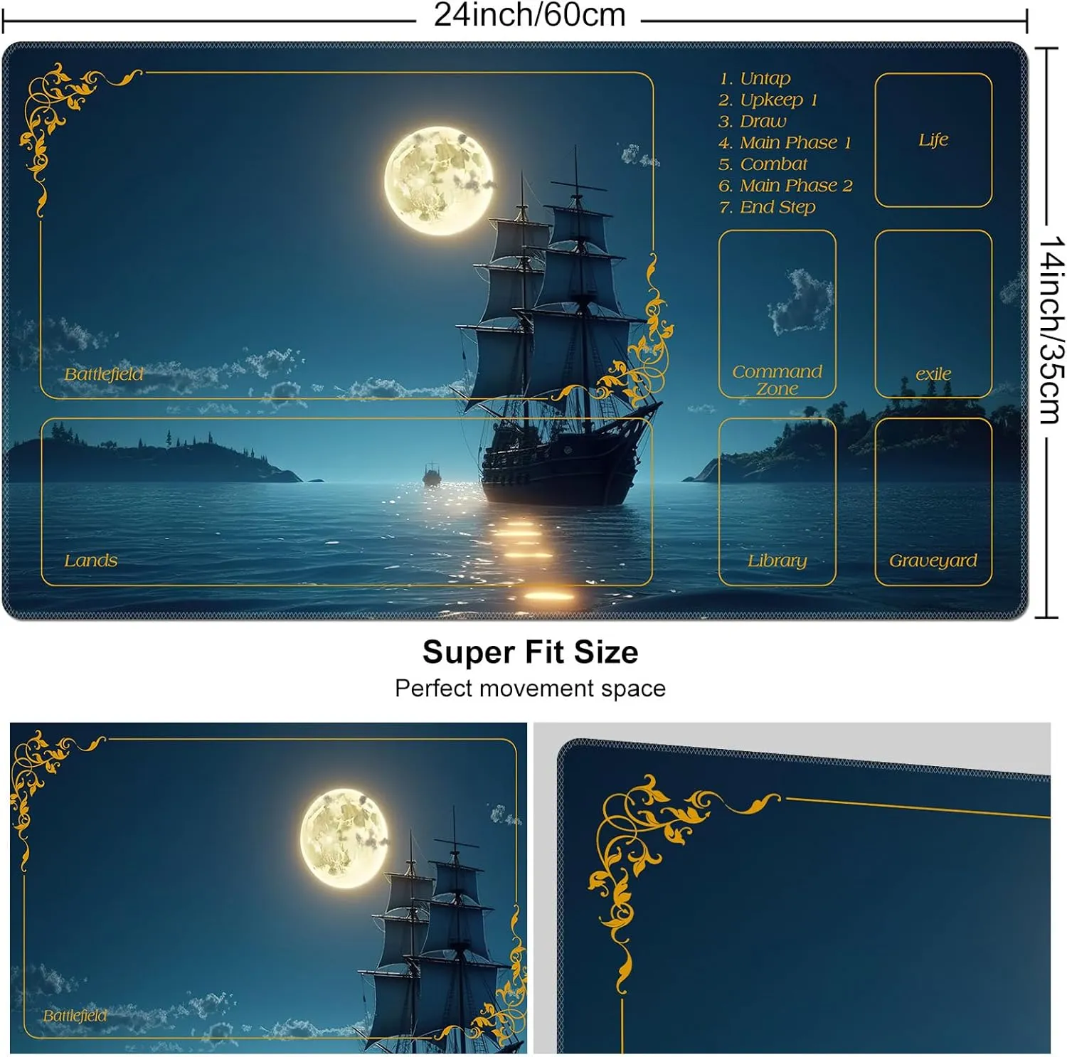 DEGDFSGR for MTG Playmat with Zones 24 x 14 inches for TCG Playmats Non-Slip Rubber Base Commander Play Mat for Magic The Gathering Playmat Iorcana Trading Card Game, Moon Ship Blue Sea