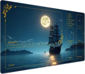DEGDFSGR for MTG Playmat with Zones 24 x 14 inches for TCG Playmats Non-Slip Rubber Base Commander Play Mat for Magic The Gathering Playmat Iorcana Trading Card Game, Moon Ship Blue Sea