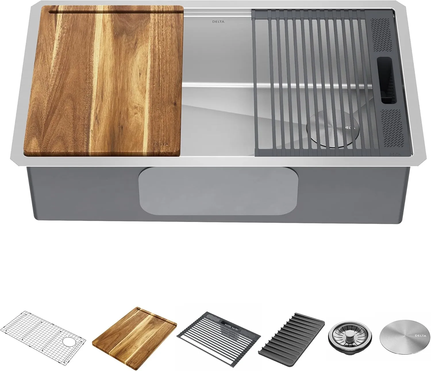 DELTA FAUCET 95B932-32S-SS Lorelai Workstation Kitchen Sink Undermount Stainless Steel Single Bowl with WorkFlow Ledge and Chef’s Kit of 6 Accessories