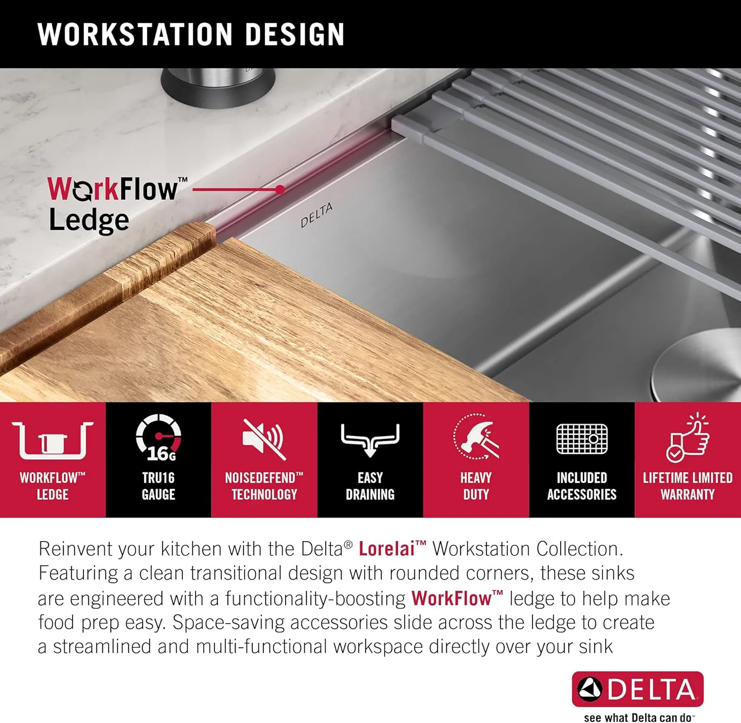 DELTA FAUCET 95B932-32S-SS Lorelai Workstation Kitchen Sink Undermount Stainless Steel Single Bowl with WorkFlow Ledge and Chef’s Kit of 6 Accessories