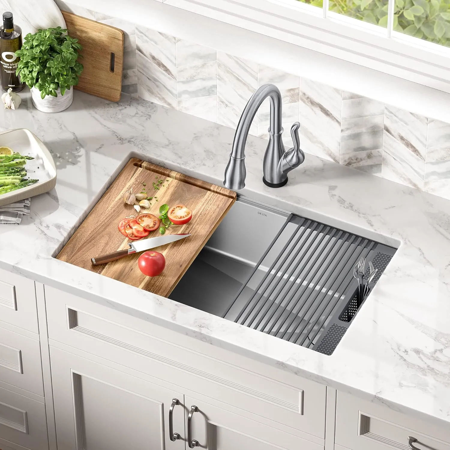 DELTA FAUCET 95B932-32S-SS Lorelai Workstation Kitchen Sink Undermount Stainless Steel Single Bowl with WorkFlow Ledge and Chef’s Kit of 6 Accessories