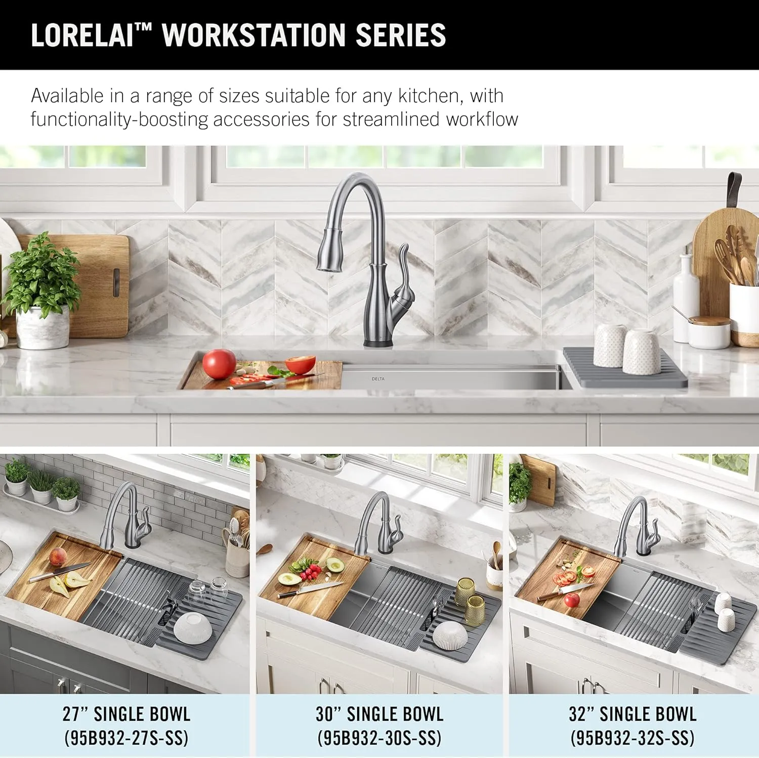 DELTA FAUCET 95B932-32S-SS Lorelai Workstation Kitchen Sink Undermount Stainless Steel Single Bowl with WorkFlow Ledge and Chef’s Kit of 6 Accessories