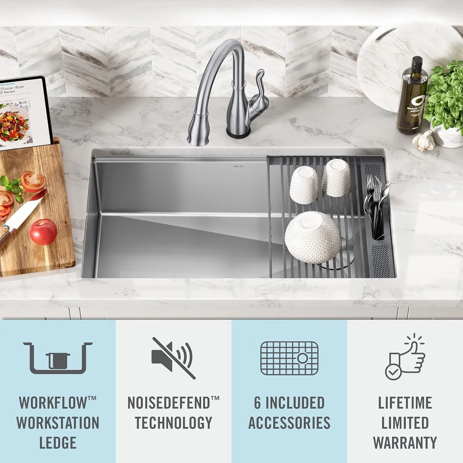 DELTA FAUCET 95B932-32S-SS Lorelai Workstation Kitchen Sink Undermount Stainless Steel Single Bowl with WorkFlow Ledge and Chef’s Kit of 6 Accessories