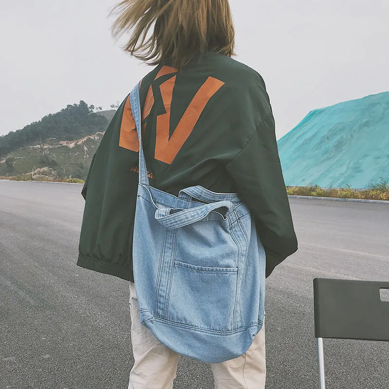 Denim Trendy Fashion Shopping Korean Style Large Backpacks